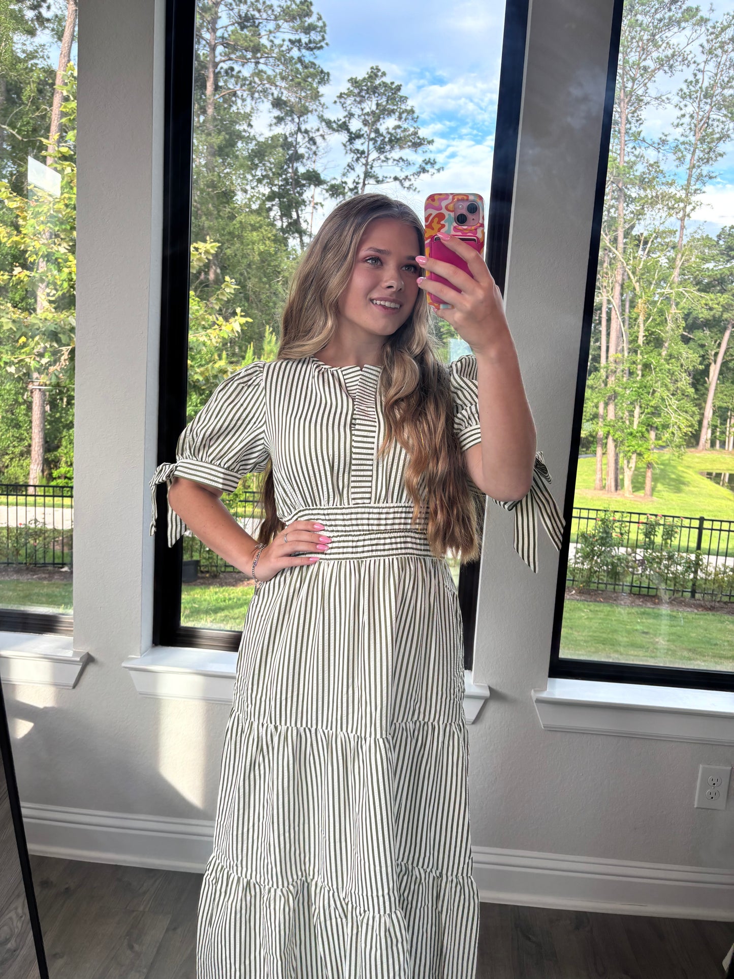 Charleston Stripe Midi Dress- Olive