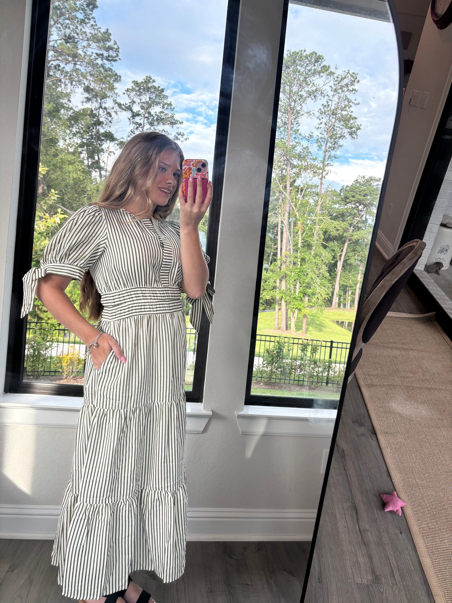 Charleston Stripe Midi Dress- Olive
