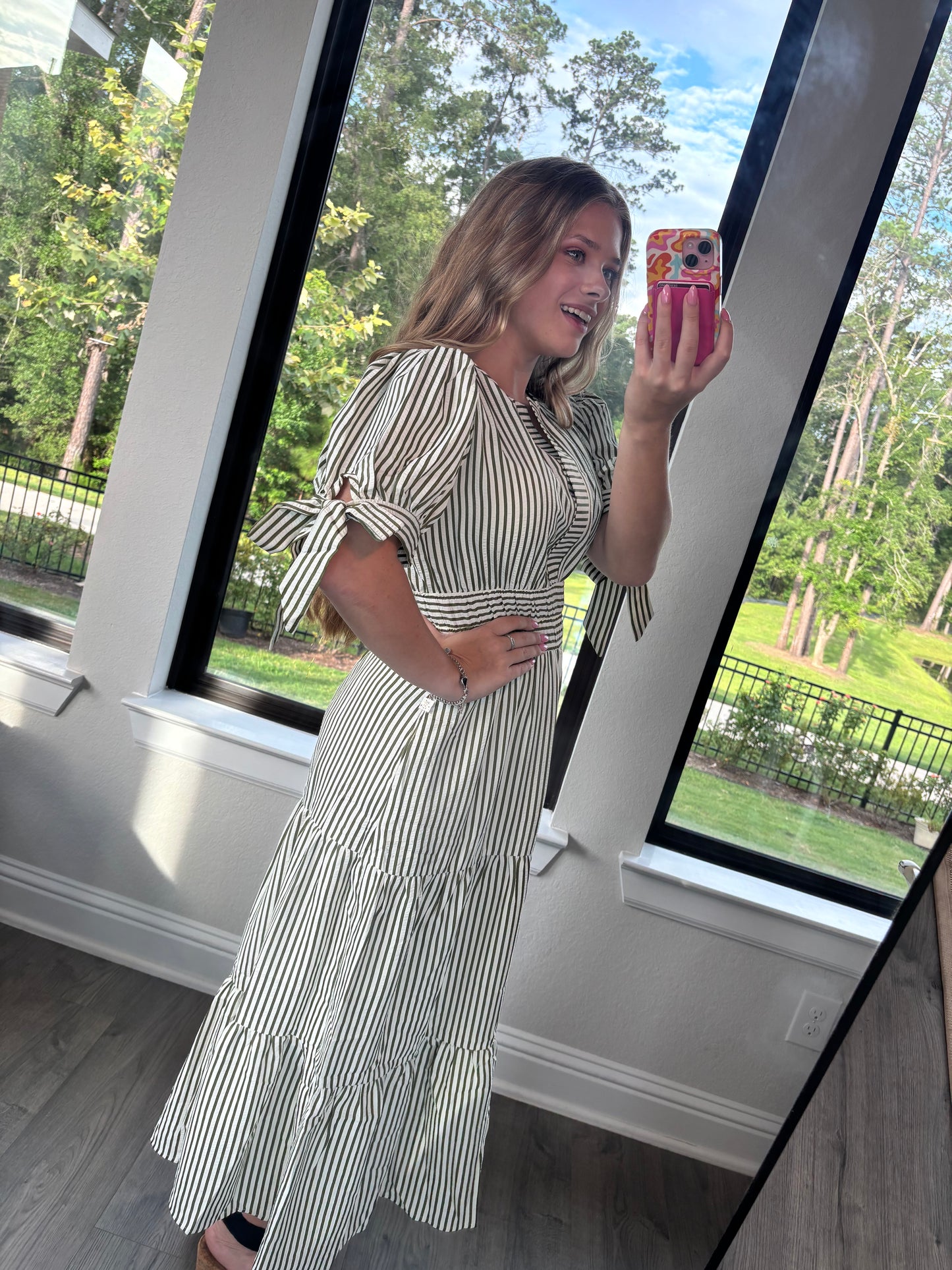 Charleston Stripe Midi Dress- Olive