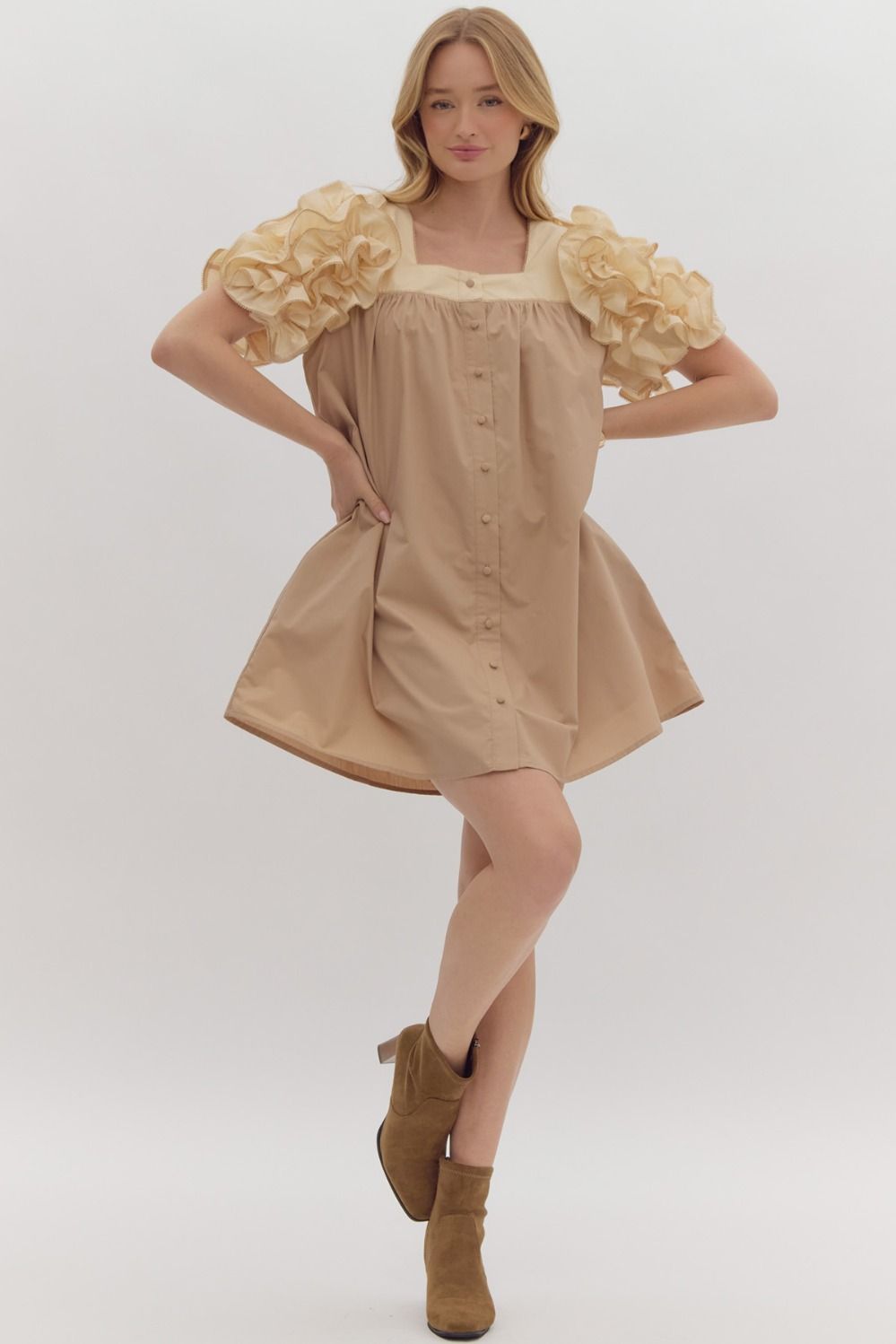 Mocha Ruffle Sleeve Dress