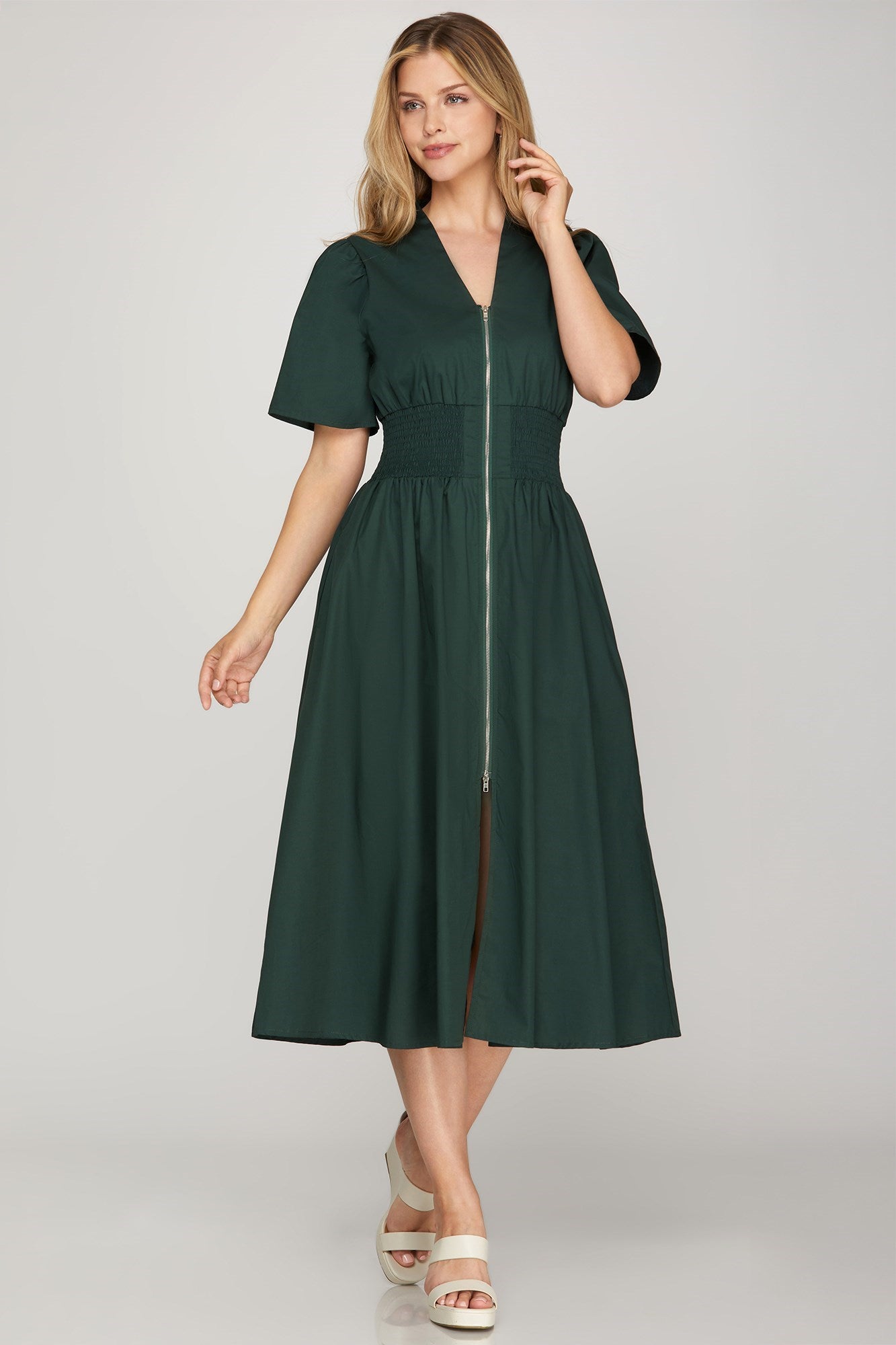 Smocked Zip MIDI Dress