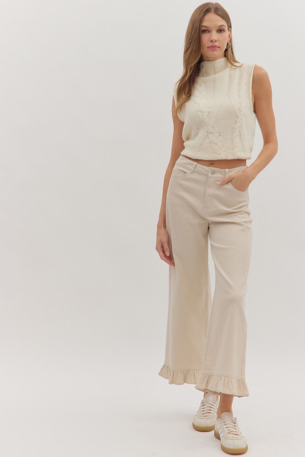 Ecru Ruffle Bottom Pants
