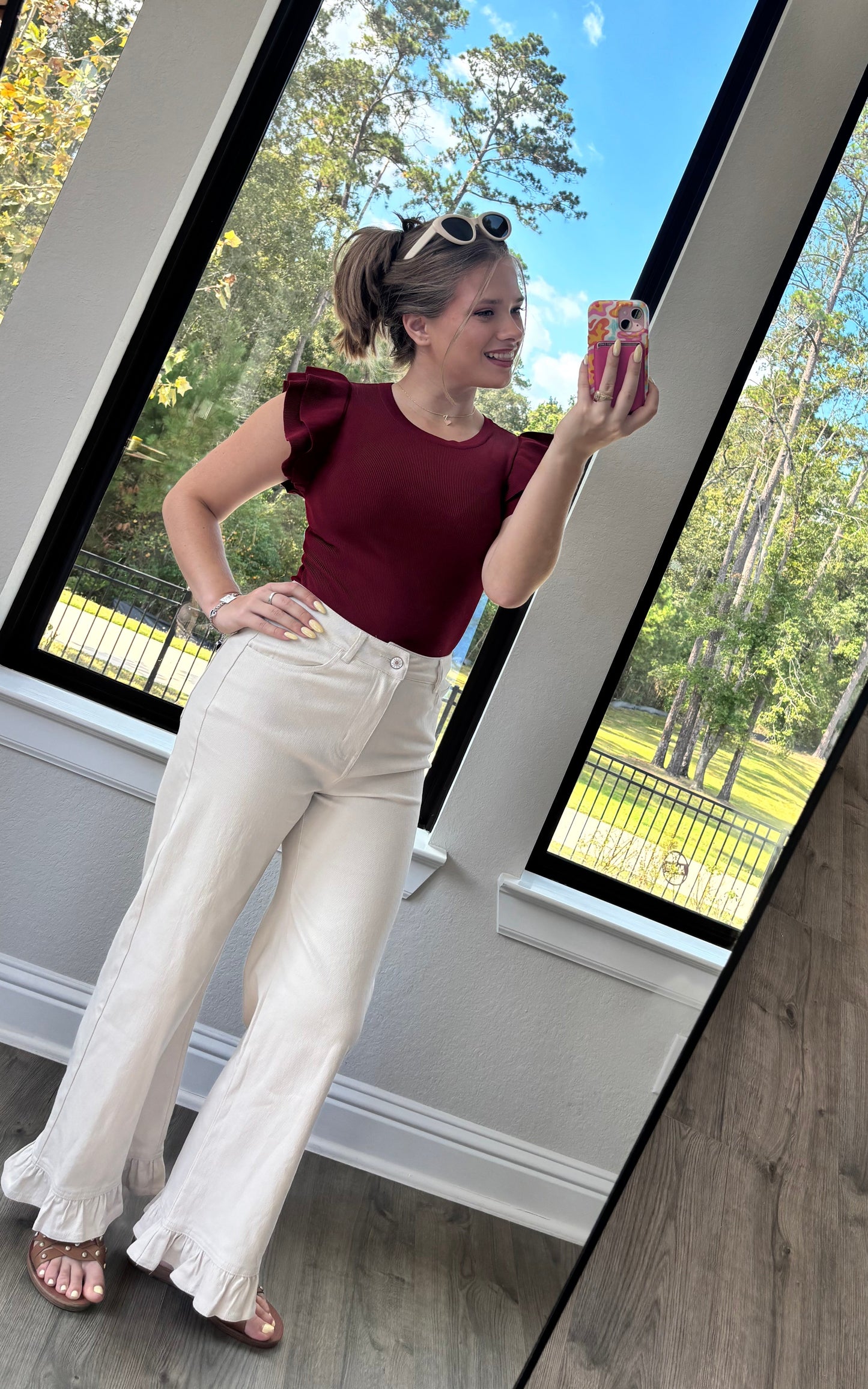 Ecru Ruffle Bottom Pants