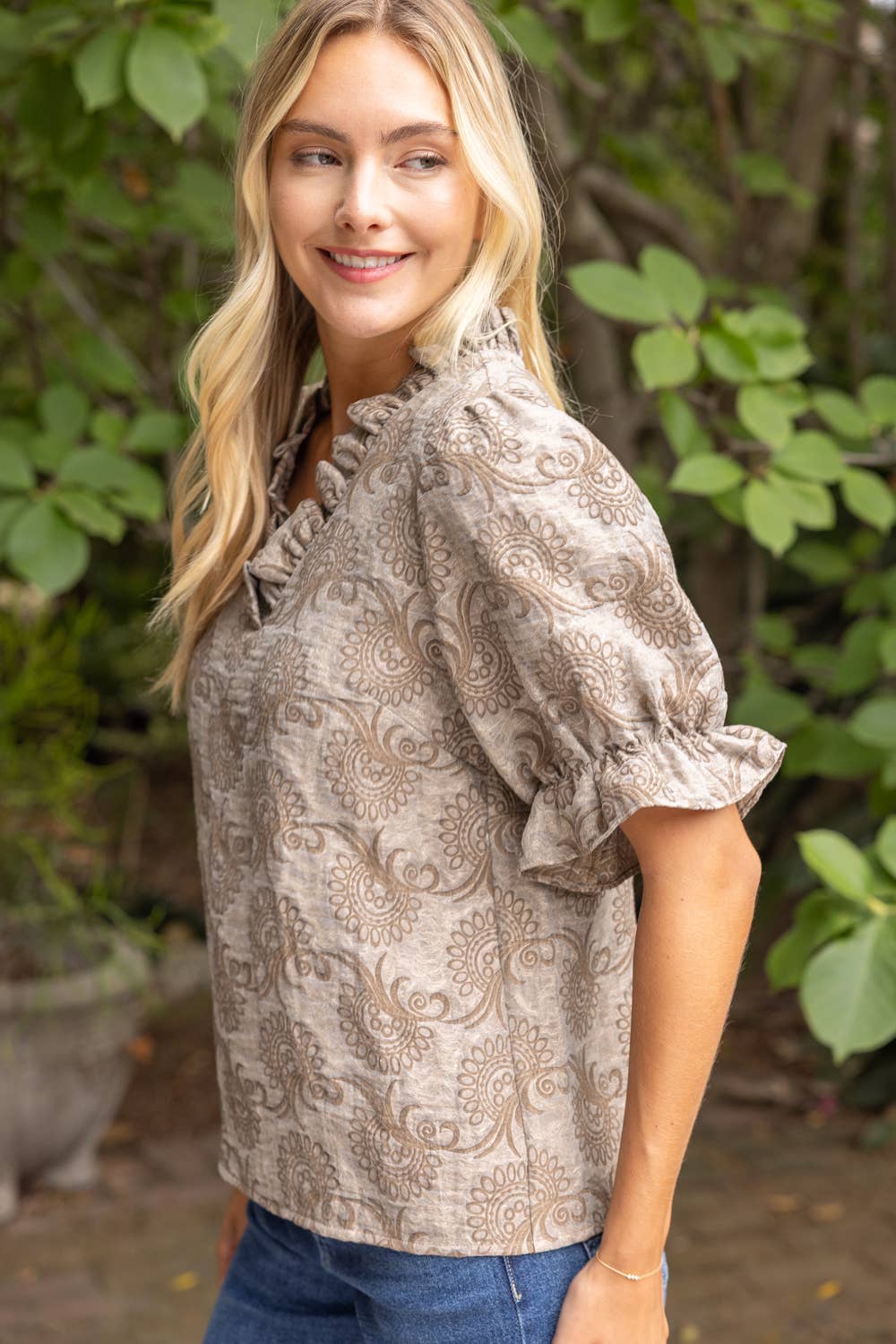 37114 Ruffled V-Neck Abstract Jacquard Organza Top: Brown / L