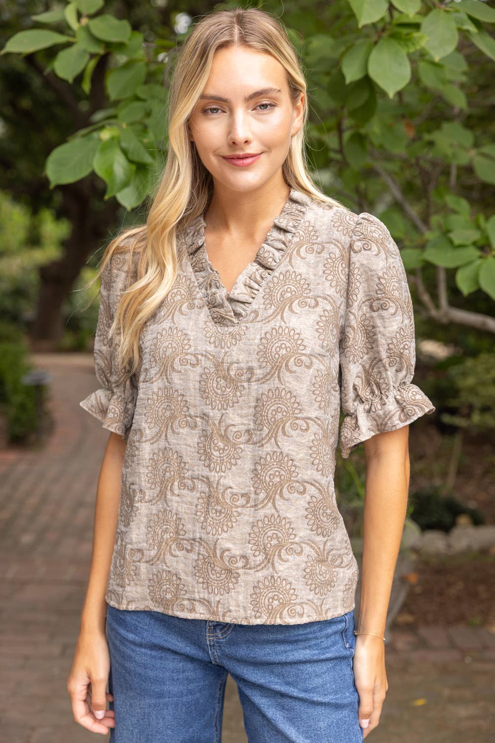 37114 Ruffled V-Neck Abstract Jacquard Organza Top: Brown / S