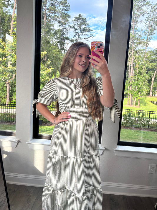 Charleston Stripe Midi Dress- Olive