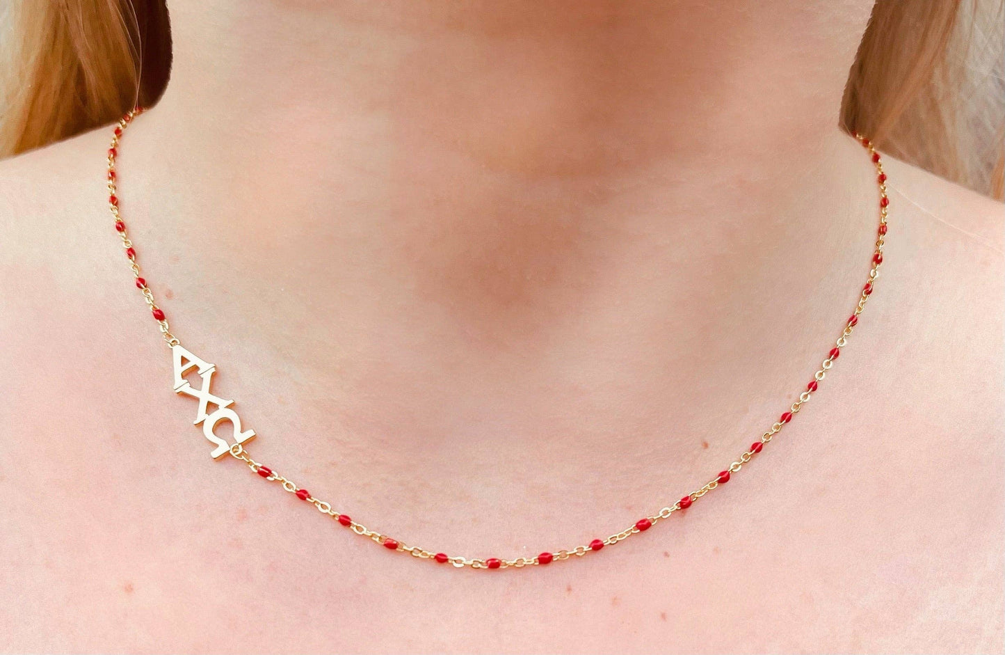 The Sorority Necklace: Side Set Greek letters on Enamel Bead: Alpha Chi Omega