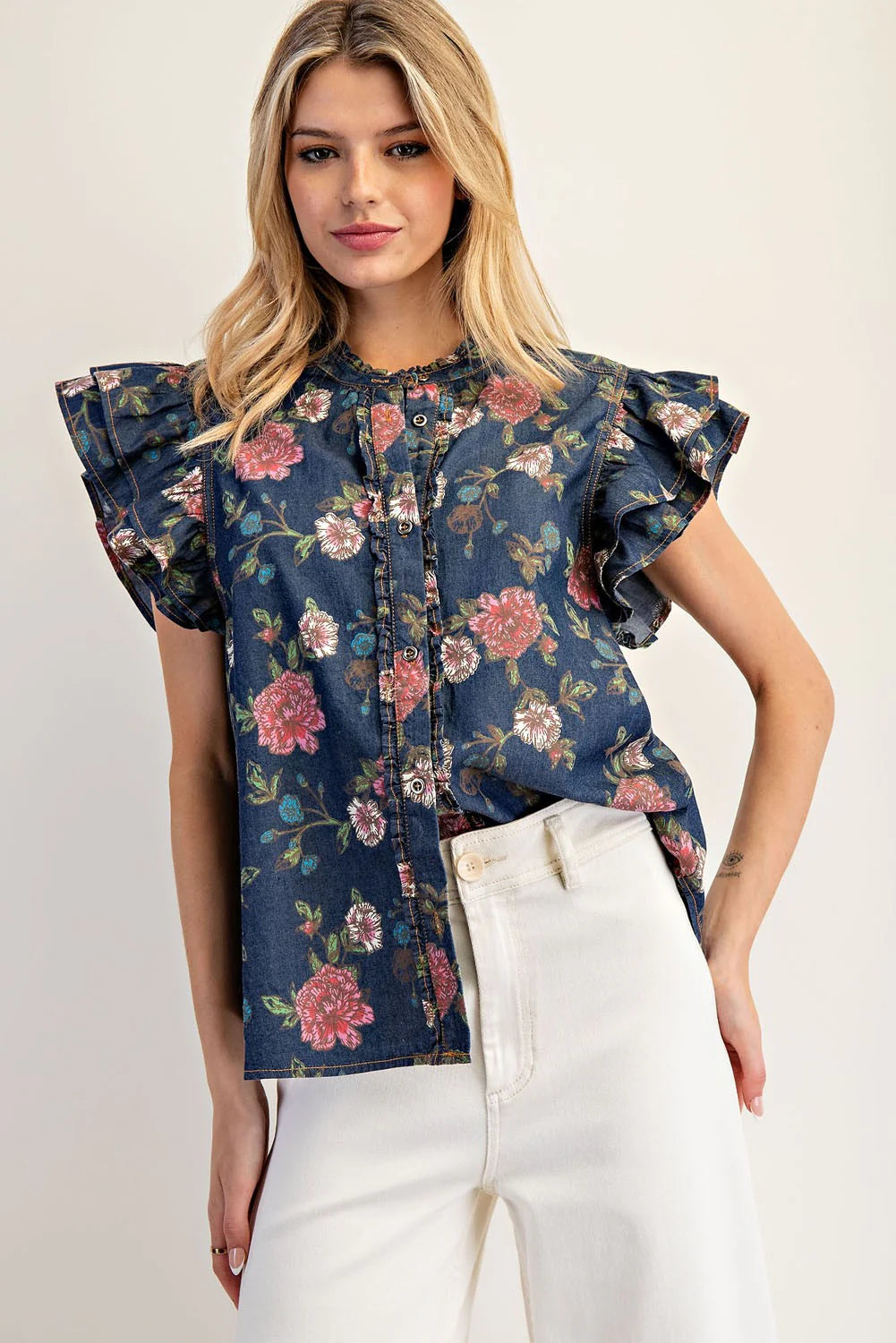 Denim Floral Top