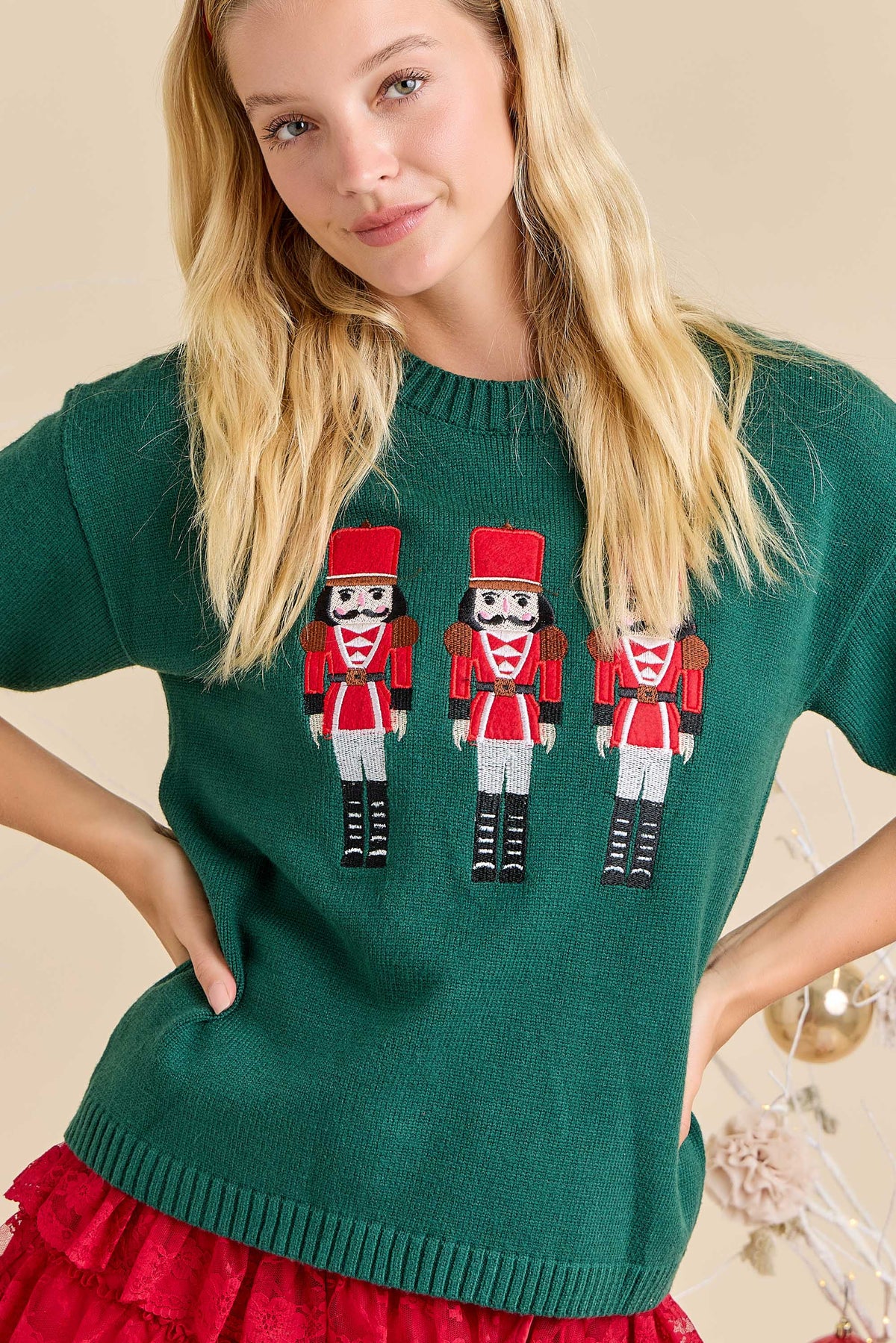 Christmas Nutcracker Embroidered Patchwork Knit Sweater: WHITE / M