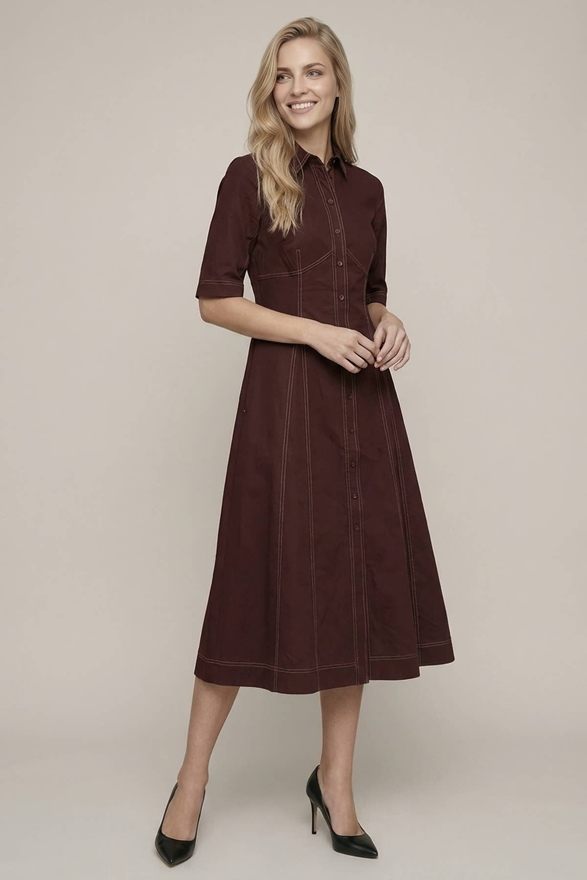 SHORT SLV SEAMED PLEATED MIDI DRESS - 28467D: Burgundy / S