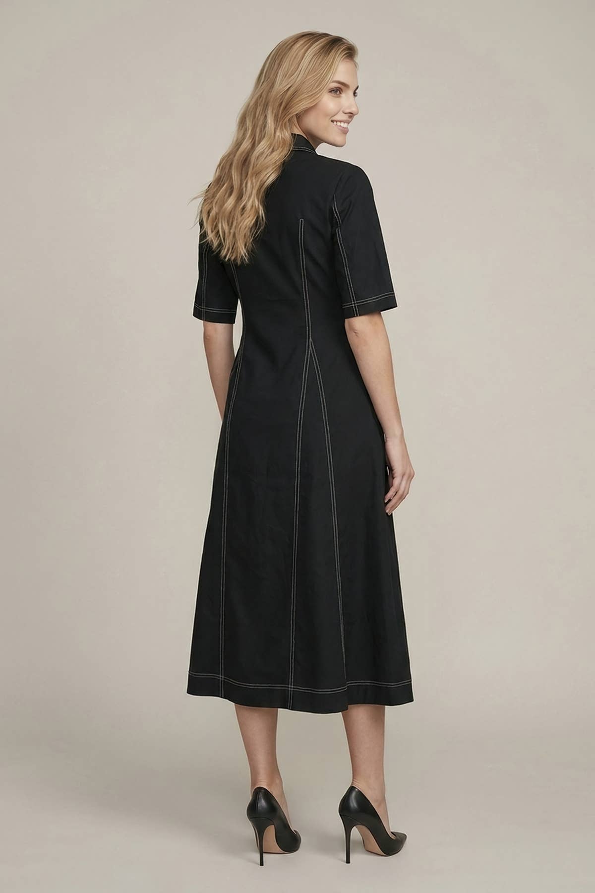 SHORT SLV SEAMED PLEATED MIDI DRESS - 28467D: Burgundy / L