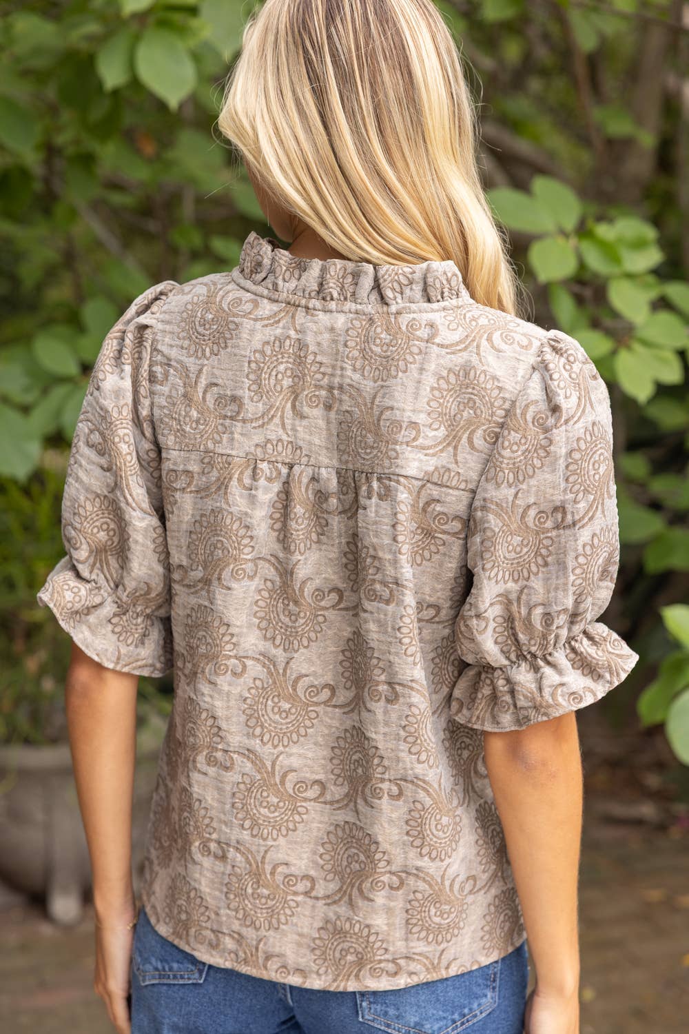 37114 Ruffled V-Neck Abstract Jacquard Organza Top: Brown / L