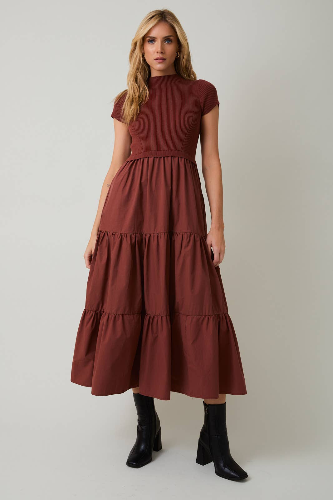 MOCK NECK SHORT SLEEVE KNIT & WOVEN MIX TIERED MIDI DRESS