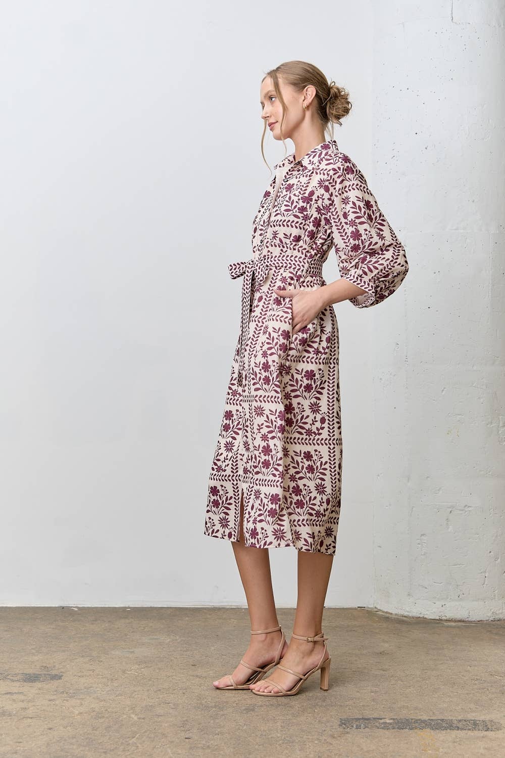 BORDER FLORAL PRINT SHIRT DRESS: BROWN/IVORY / L