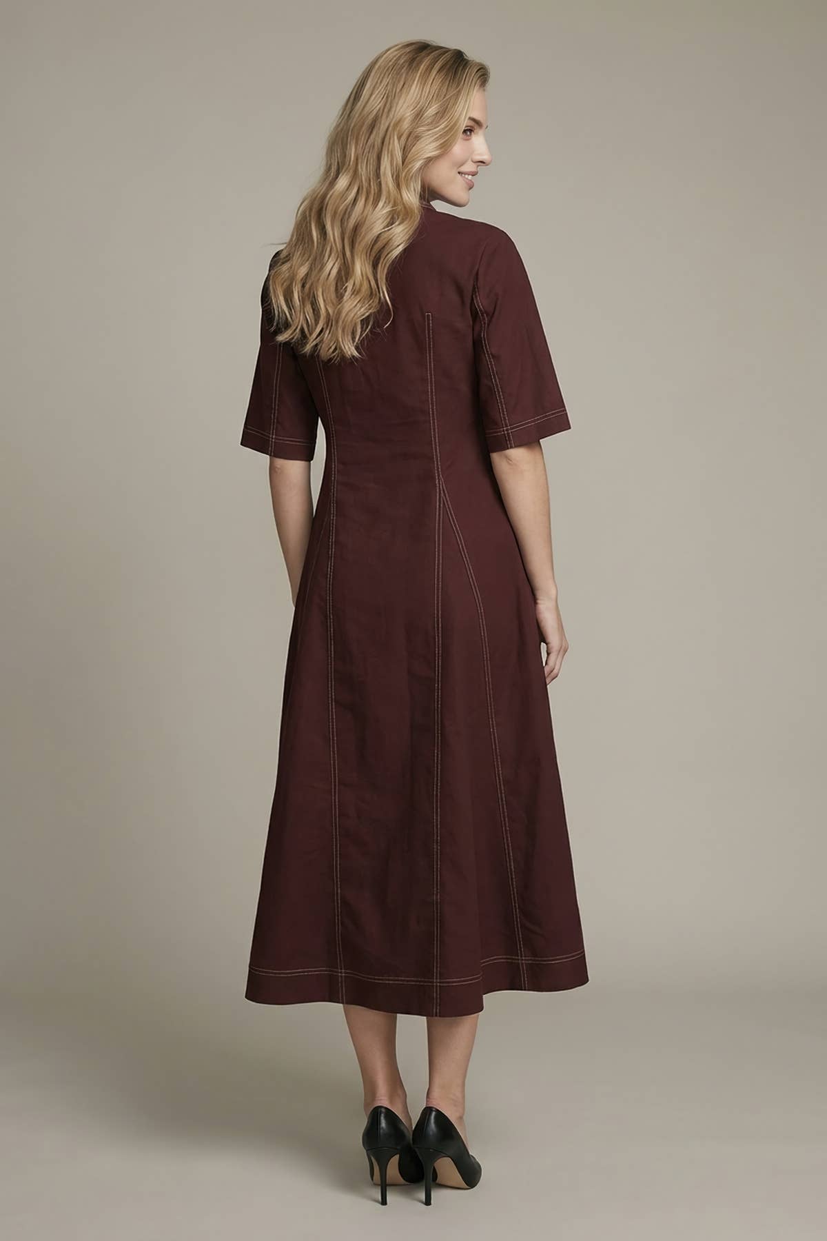 SHORT SLV SEAMED PLEATED MIDI DRESS - 28467D: Burgundy / L