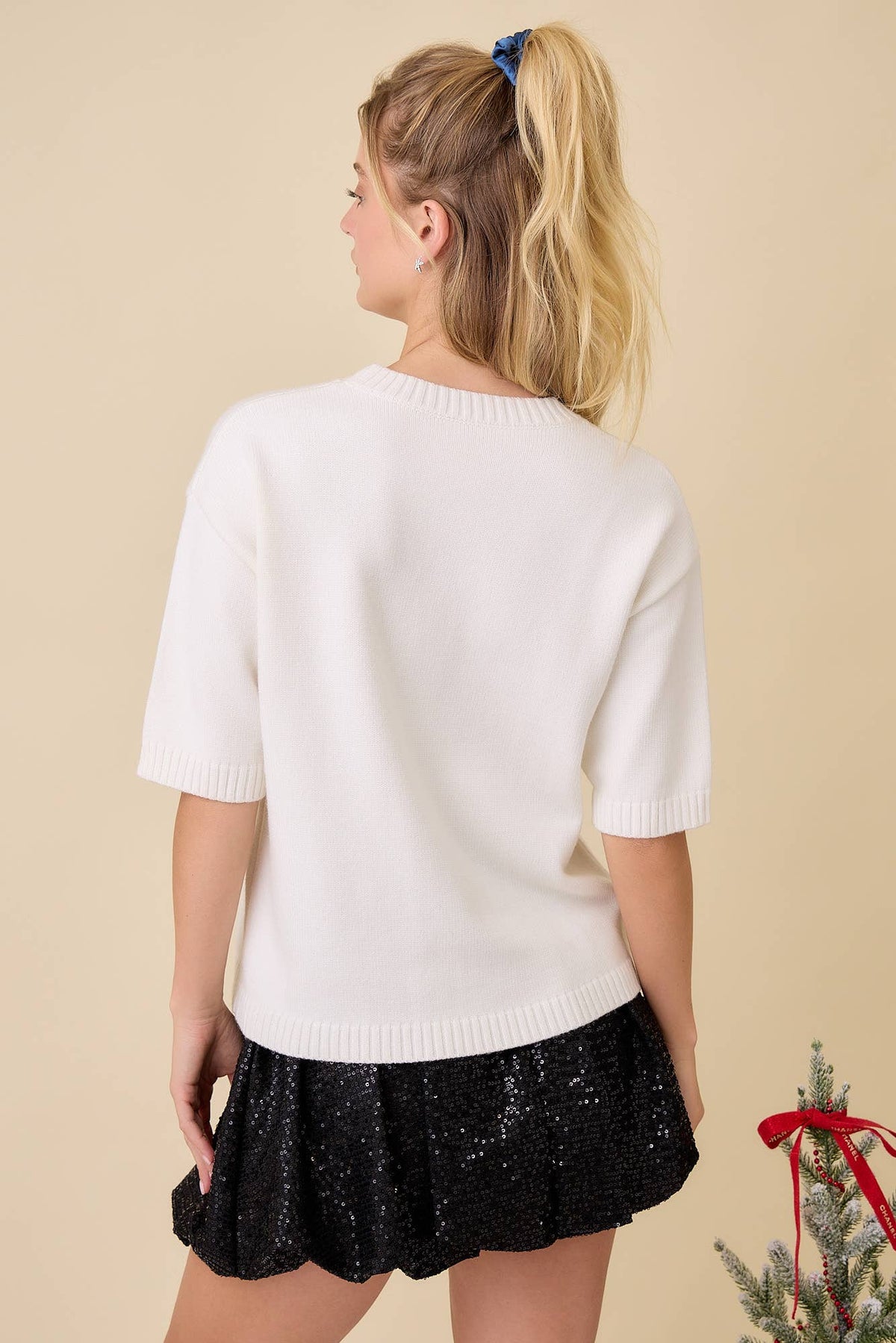 Christmas Nutcracker Embroidered Patchwork Knit Sweater: WHITE / S