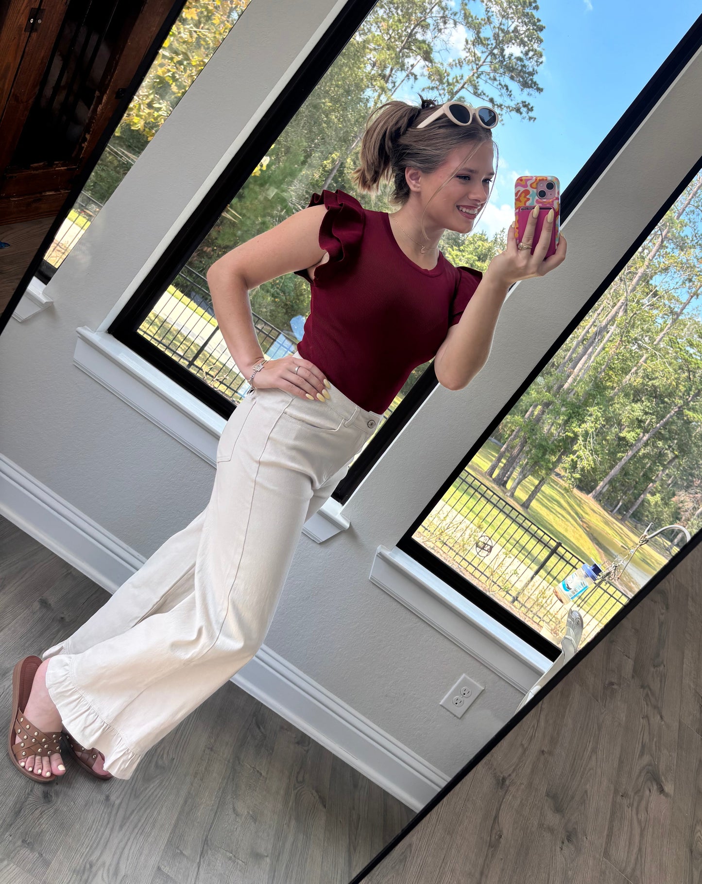 Ecru Ruffle Bottom Pants