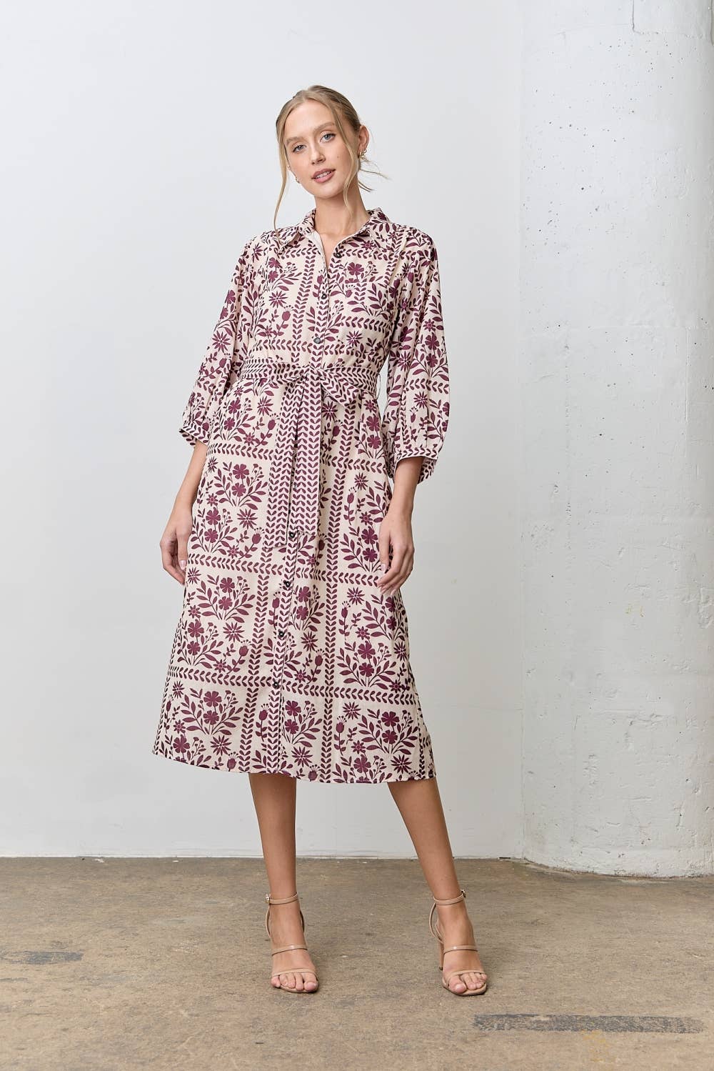 BORDER FLORAL PRINT SHIRT DRESS: BROWN/IVORY / L