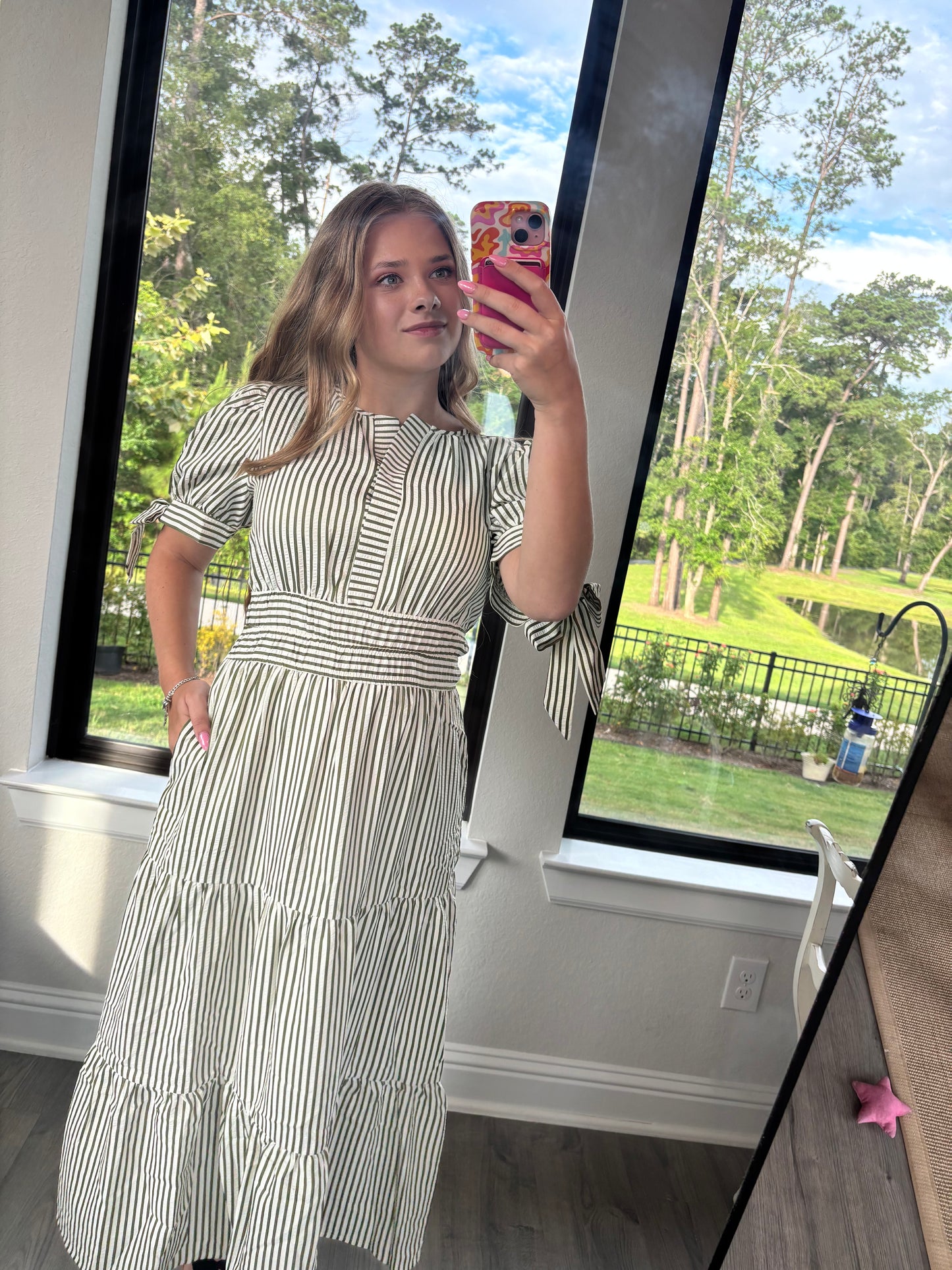 Charleston Stripe Midi Dress- Olive