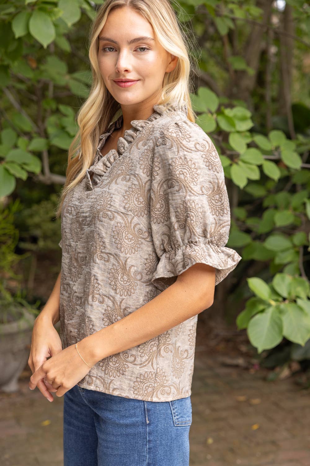 37114 Ruffled V-Neck Abstract Jacquard Organza Top: Brown / L
