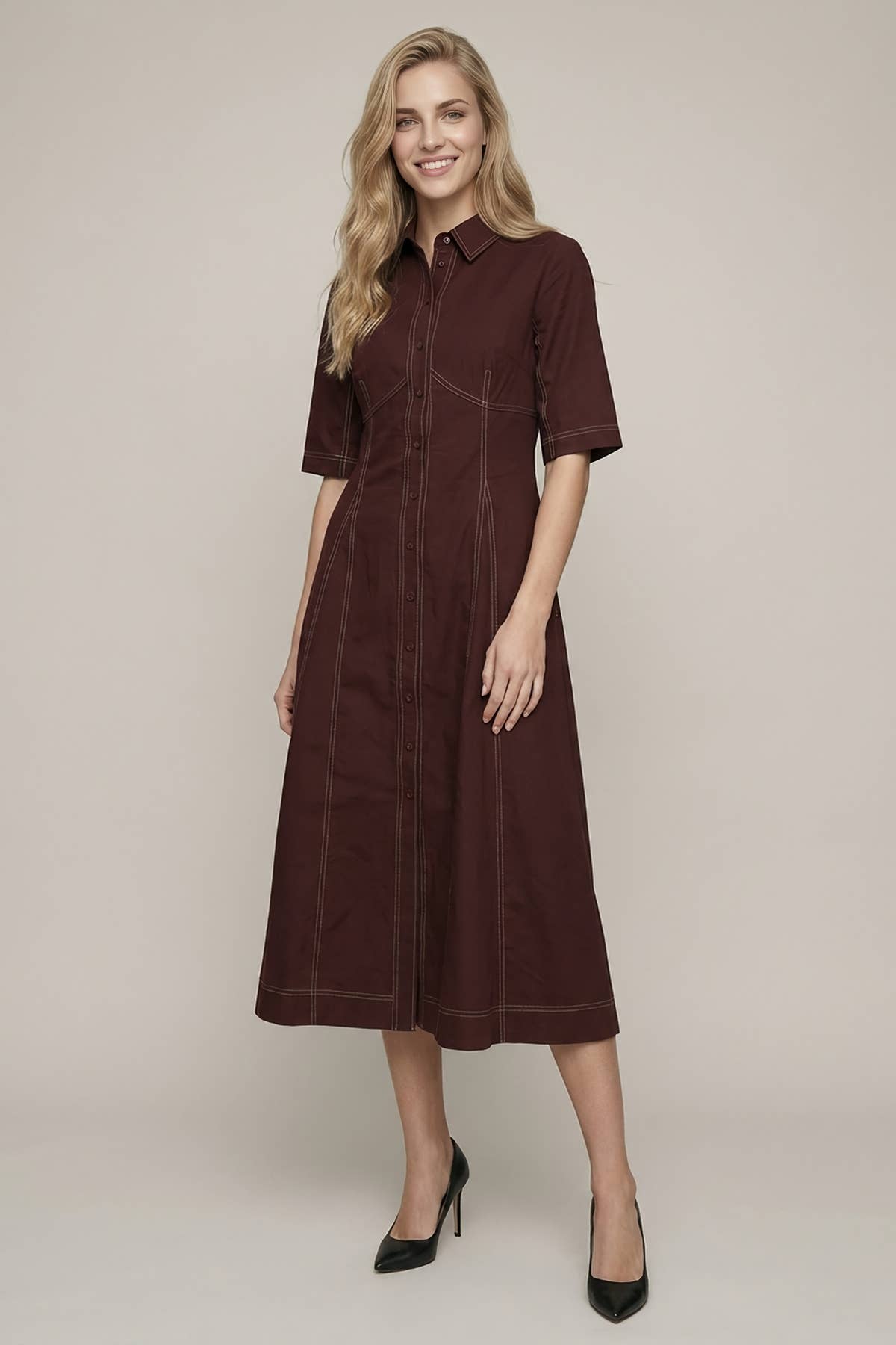 SHORT SLV SEAMED PLEATED MIDI DRESS - 28467D: Burgundy / L