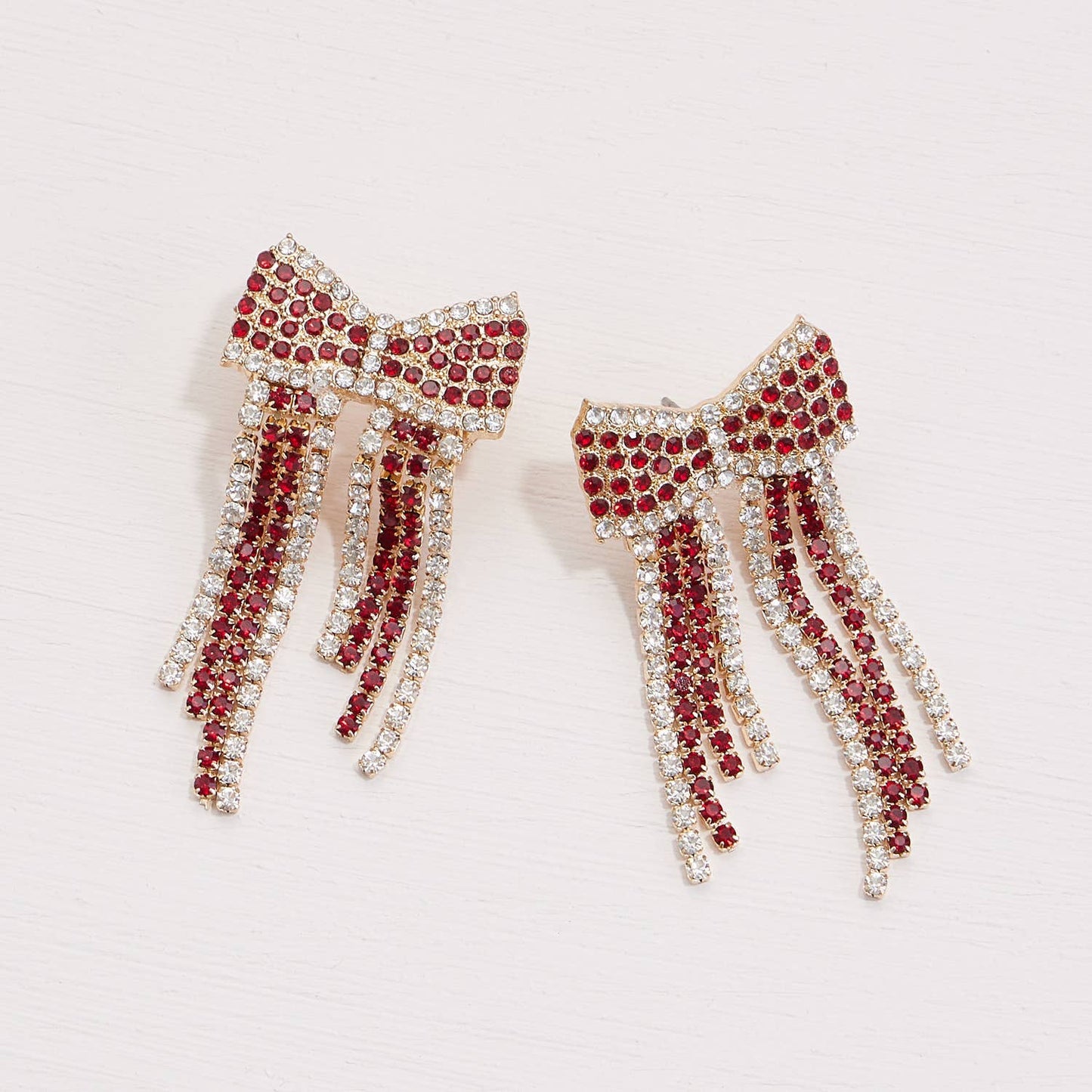 Bow Fringes Rhinestones Earrings: Maroon/White