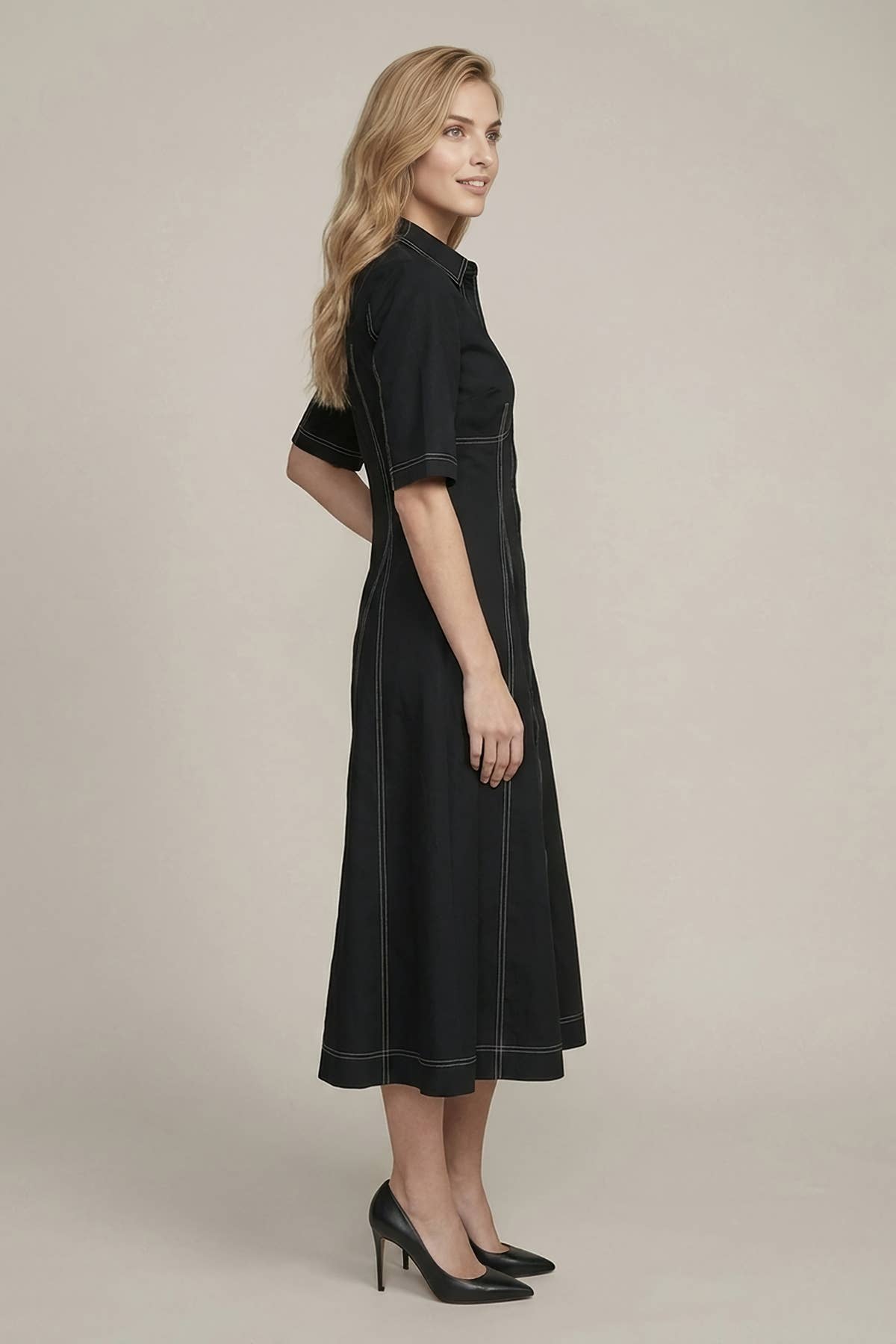 SHORT SLV SEAMED PLEATED MIDI DRESS - 28467D: Burgundy / L