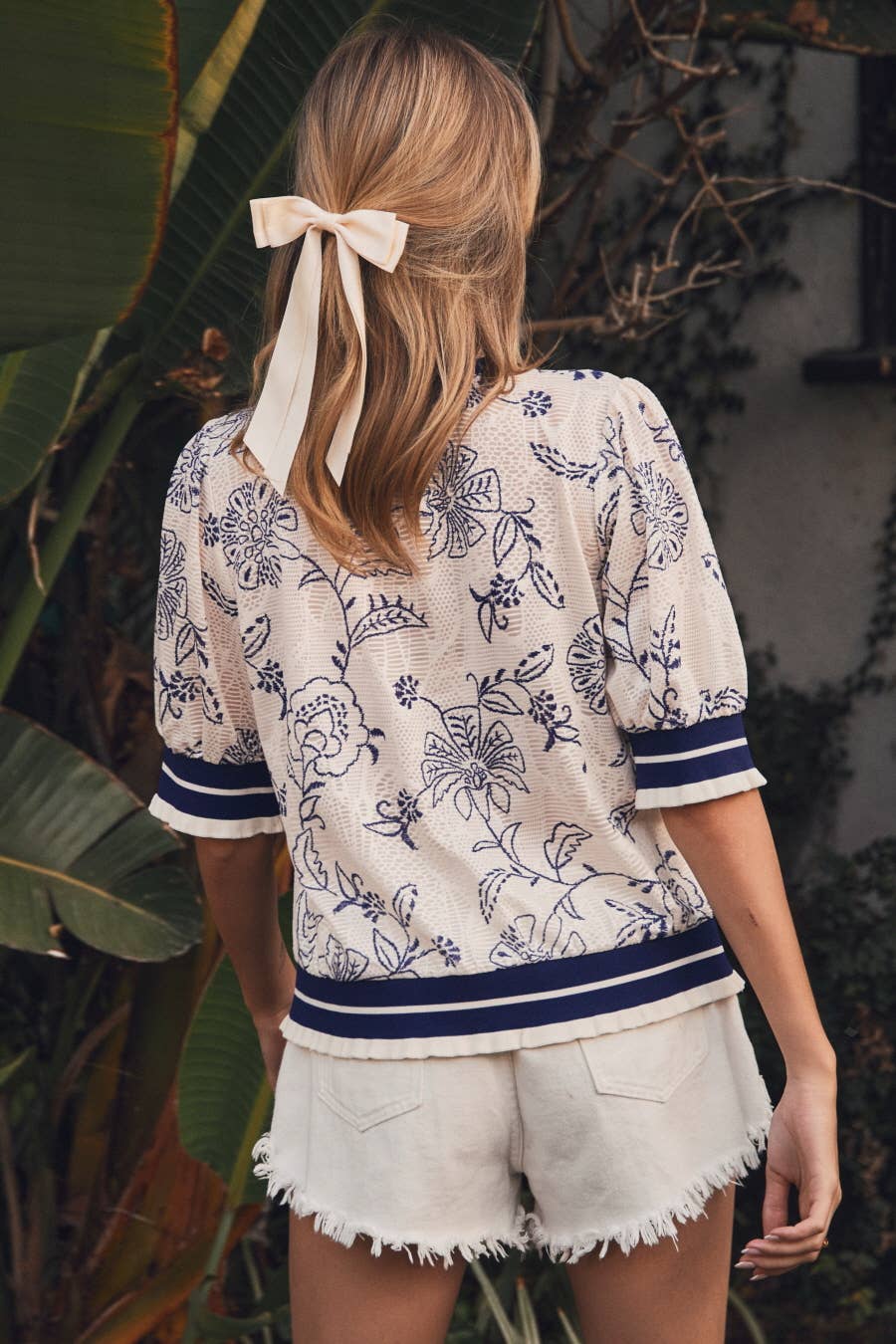 Printed Lace Short-sleeve Top: Taupe Multi / S