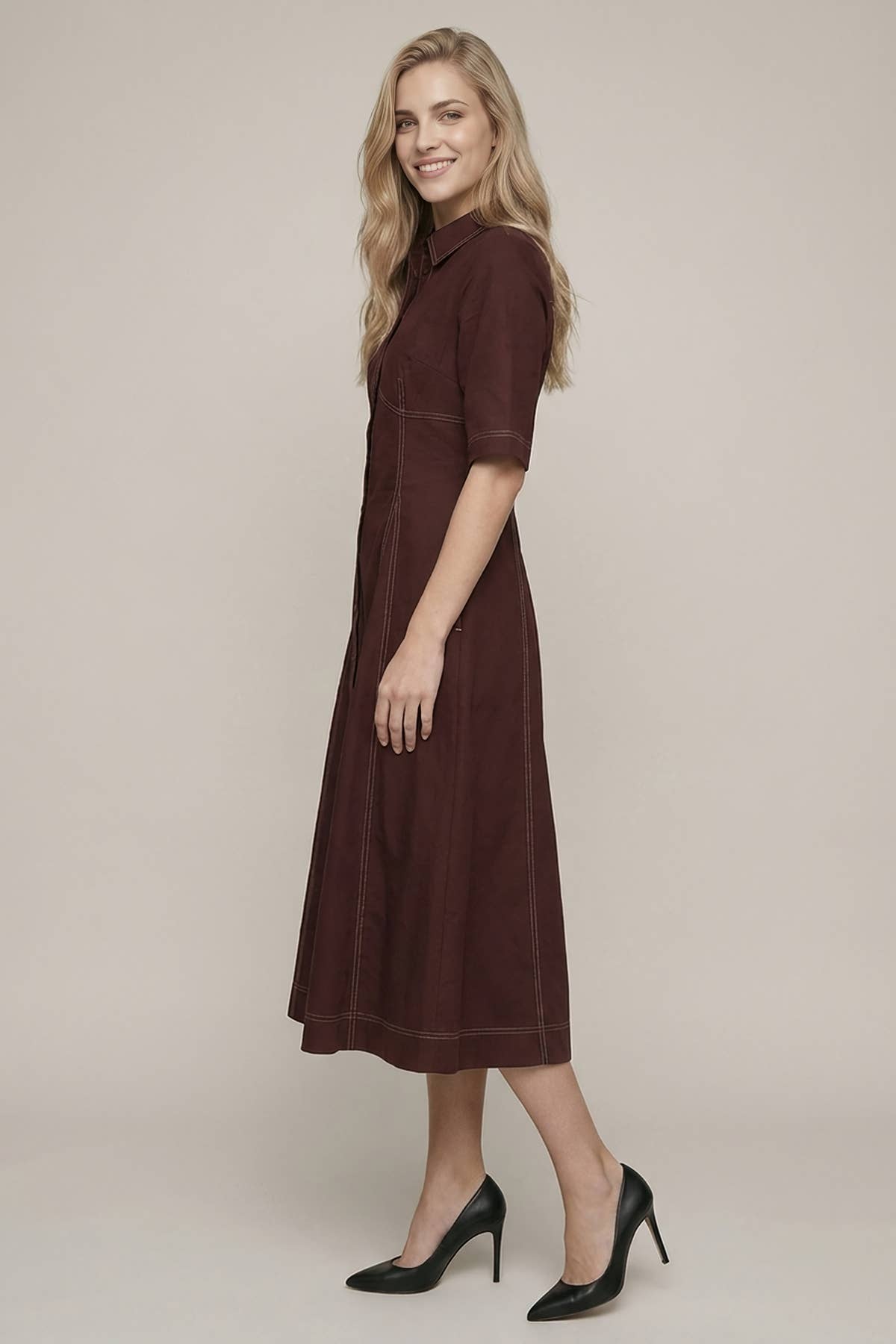 SHORT SLV SEAMED PLEATED MIDI DRESS - 28467D: Burgundy / M