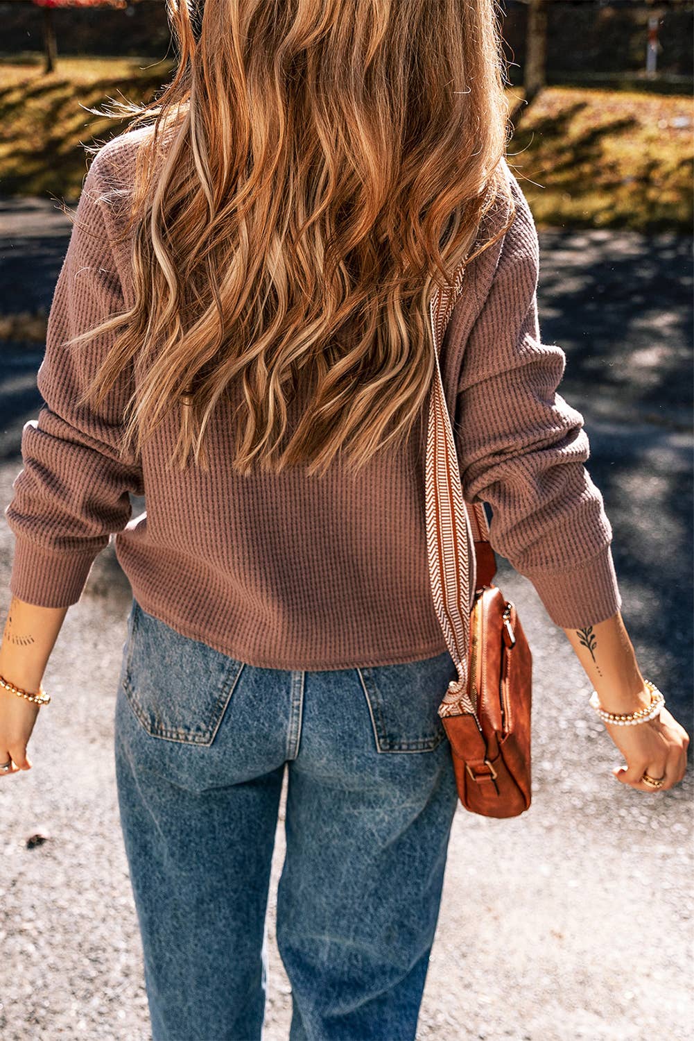 Textured Knit Henley Long Sleeve Top: Chestnut