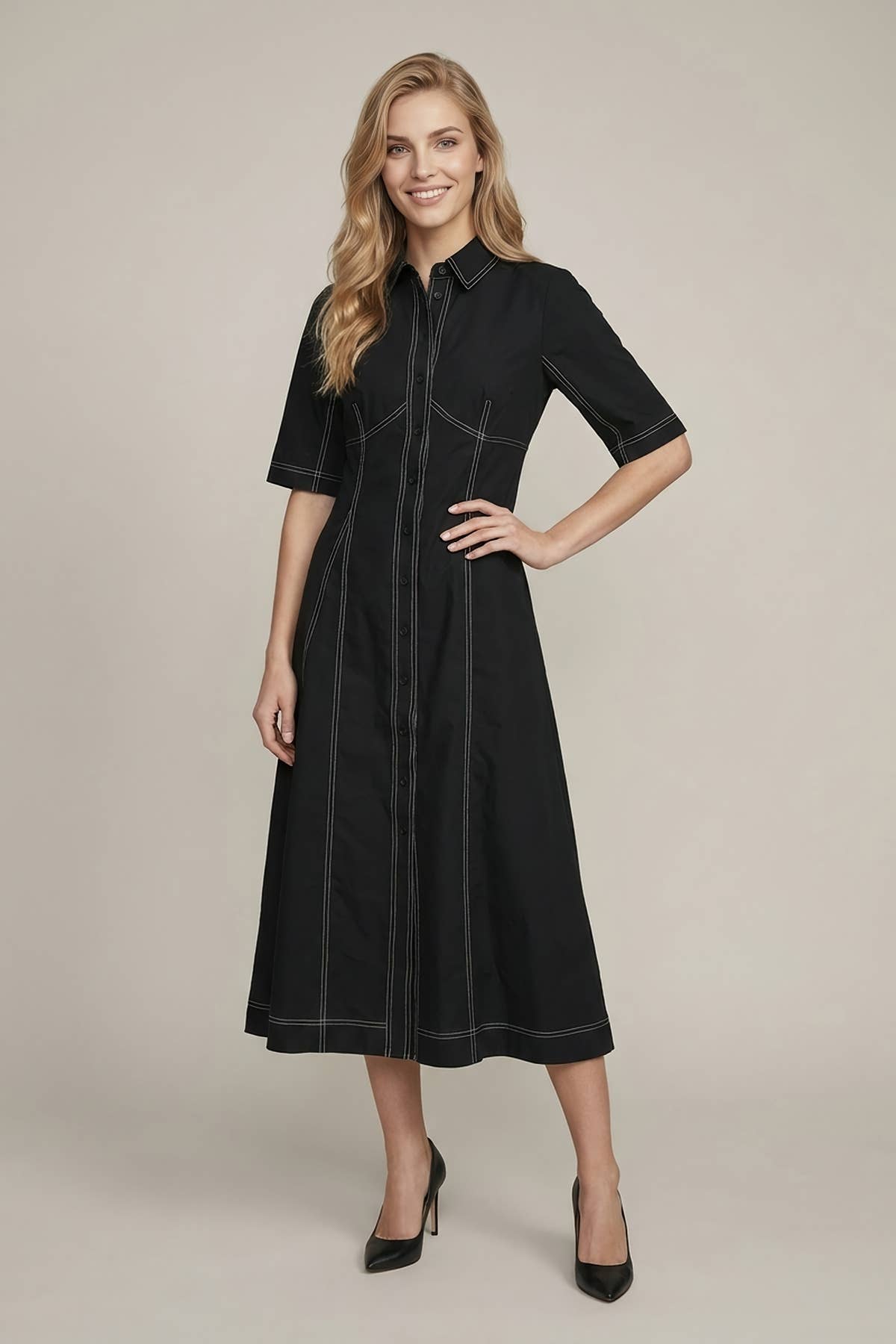SHORT SLV SEAMED PLEATED MIDI DRESS - 28467D: Burgundy / S