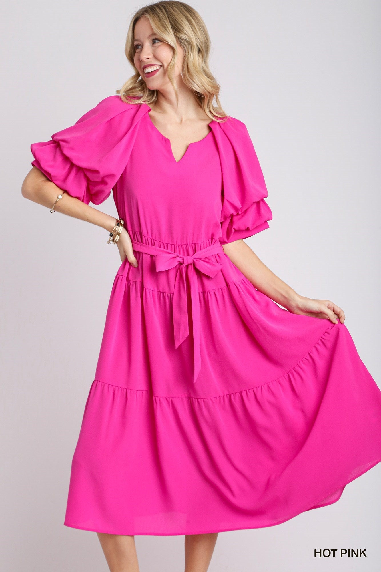 Hot Pink Tiered Maxi Dress with Puff Sleeves