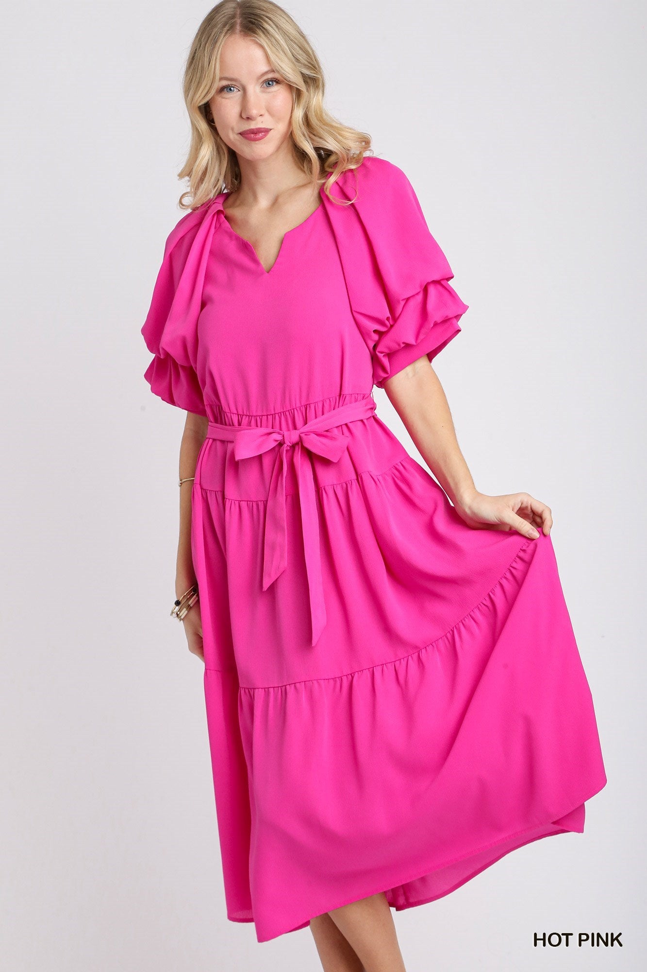 Hot Pink Tiered Maxi Dress with Puff Sleeves