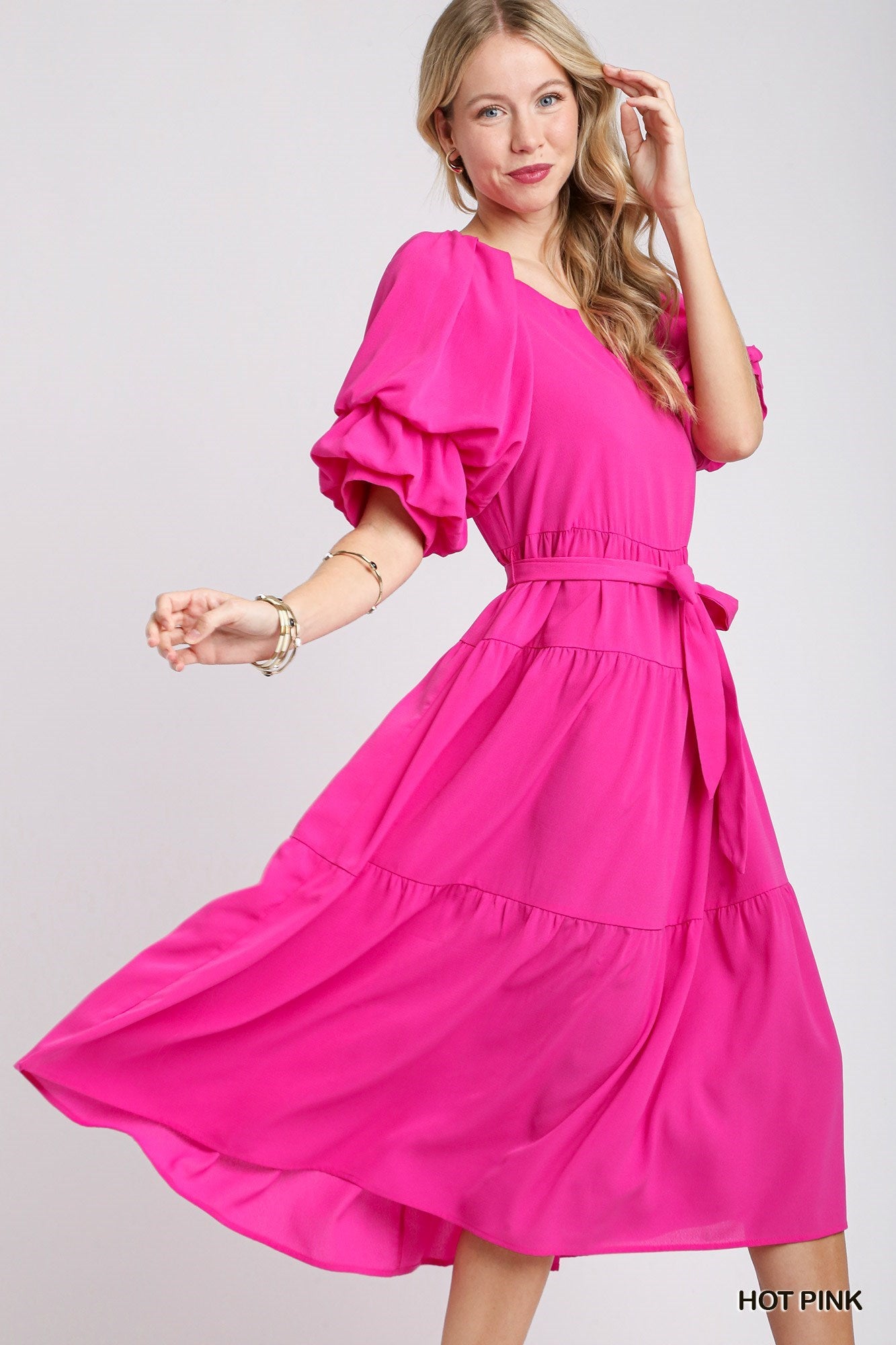 Hot Pink Tiered Maxi Dress with Puff Sleeves