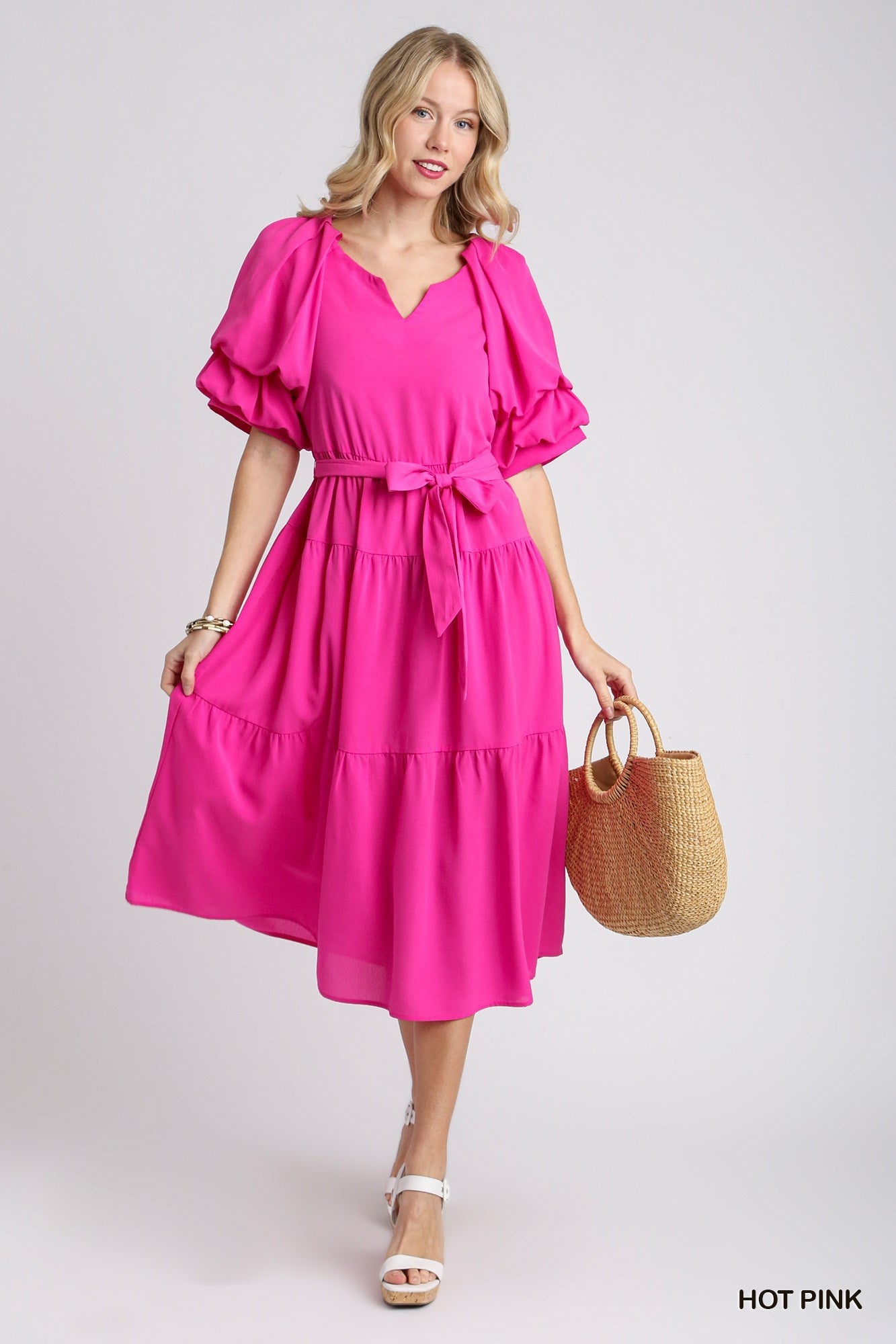 Hot Pink Tiered Maxi Dress with Puff Sleeves