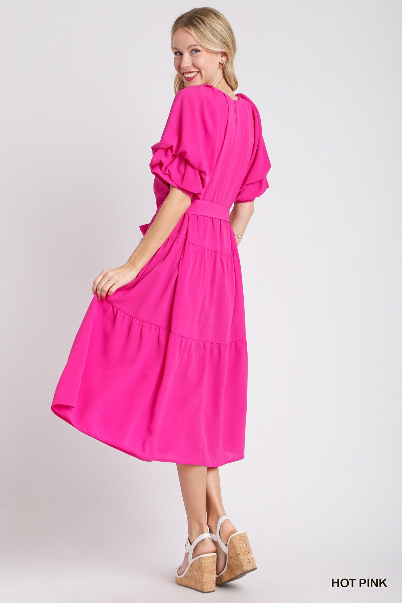 Hot Pink Tiered Maxi Dress with Puff Sleeves