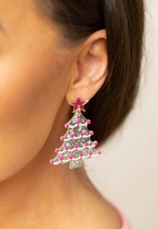 Silver and Pink Christmas Tree Earrings