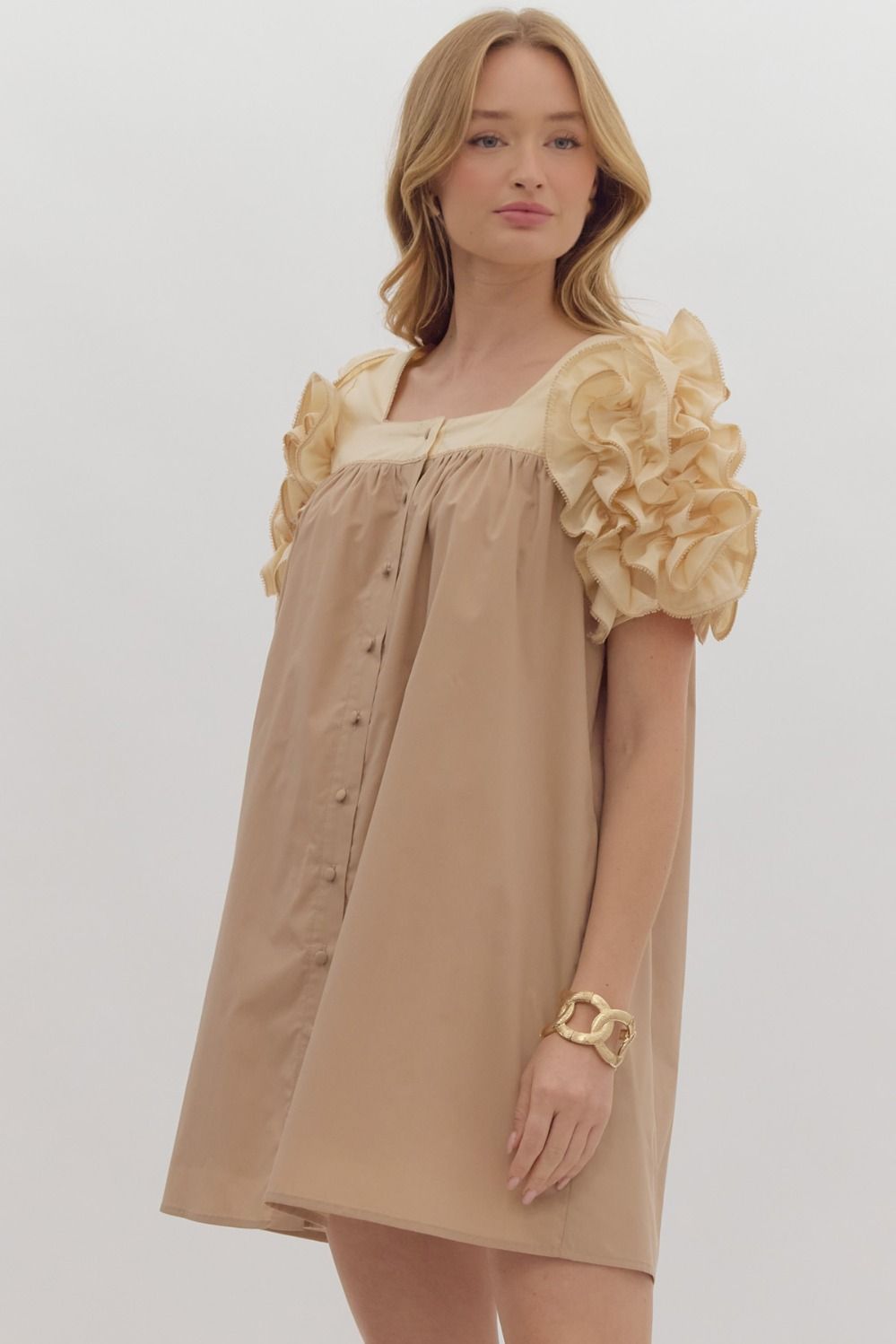 Mocha Ruffle Sleeve Dress