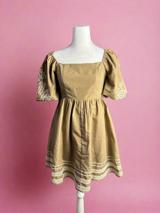 Mocha Embroidered Puff Sleeve Dress