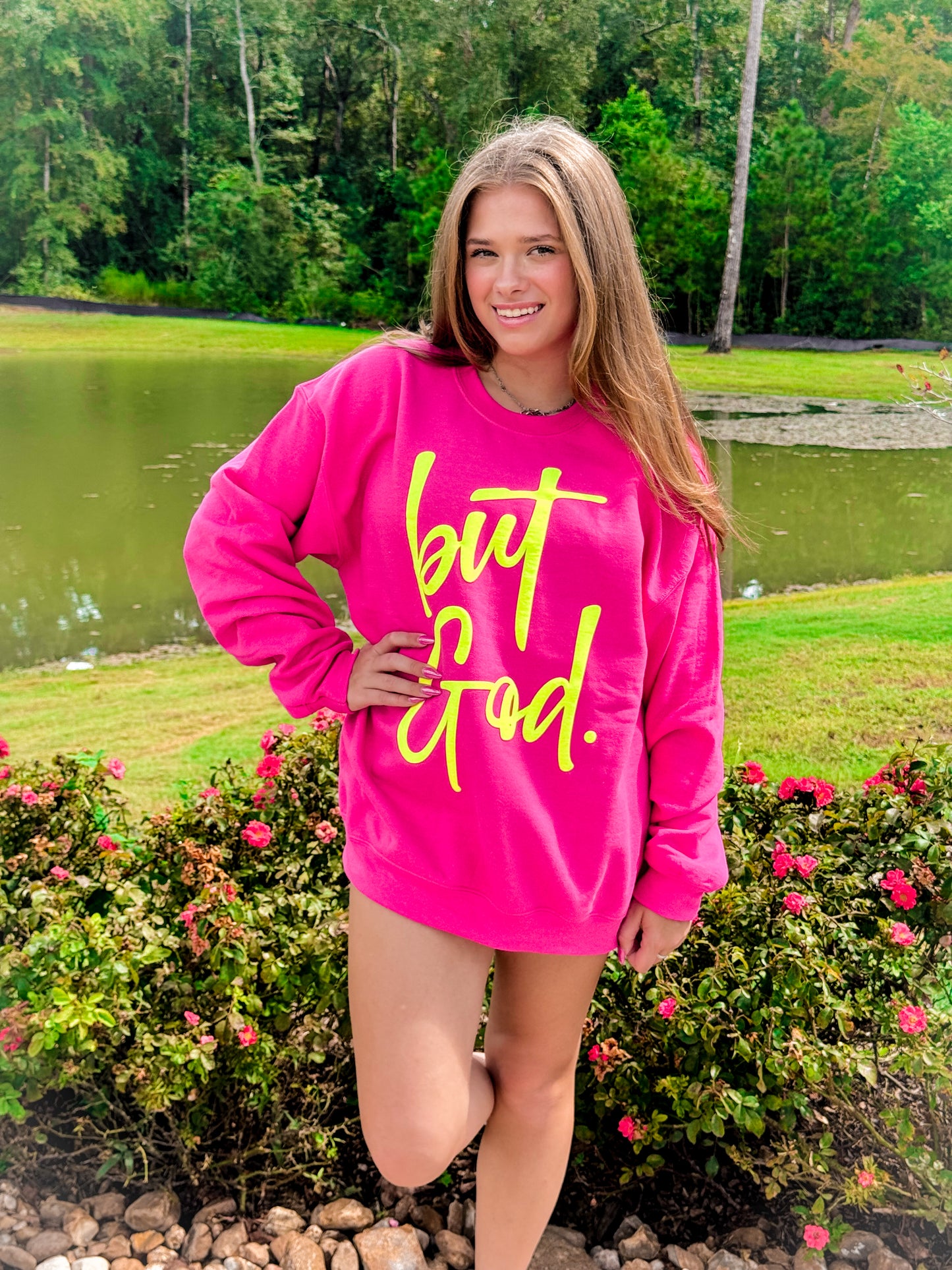 Puff But God Adult Sweatshirt: Pink