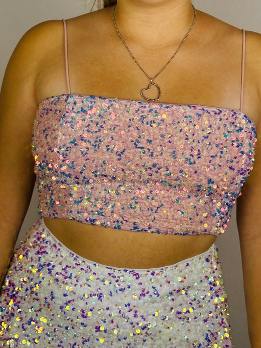 Pink Holographic Sequin Crop Top