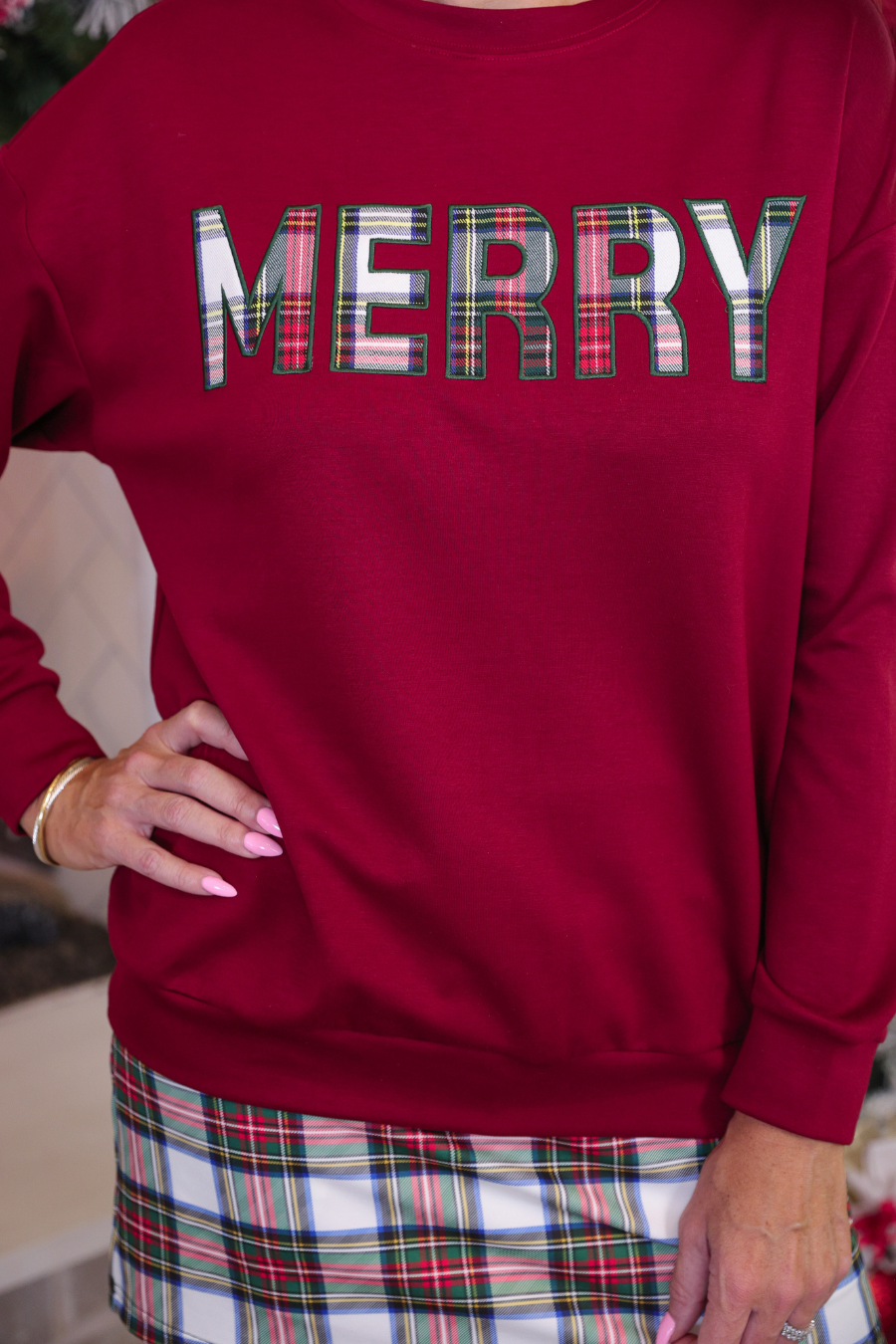 Merry Plaid Patch Luxe Pullover