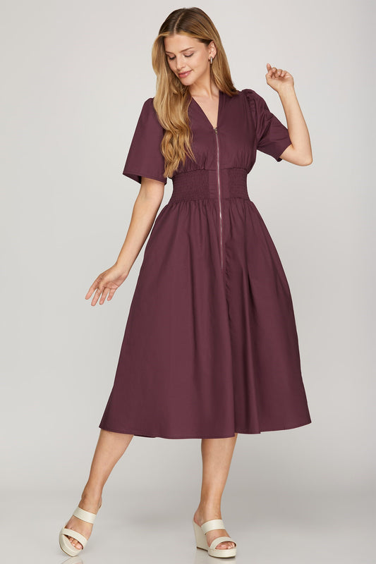 Smocked Zip MIDI Dress