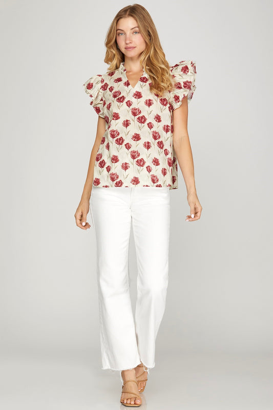 Maroon Floral Ruffle Top