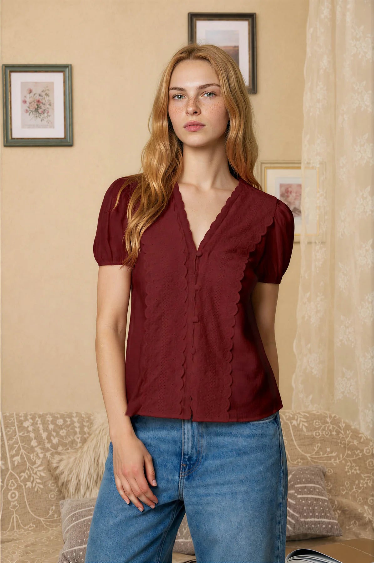 Maroon Lace Detail Top