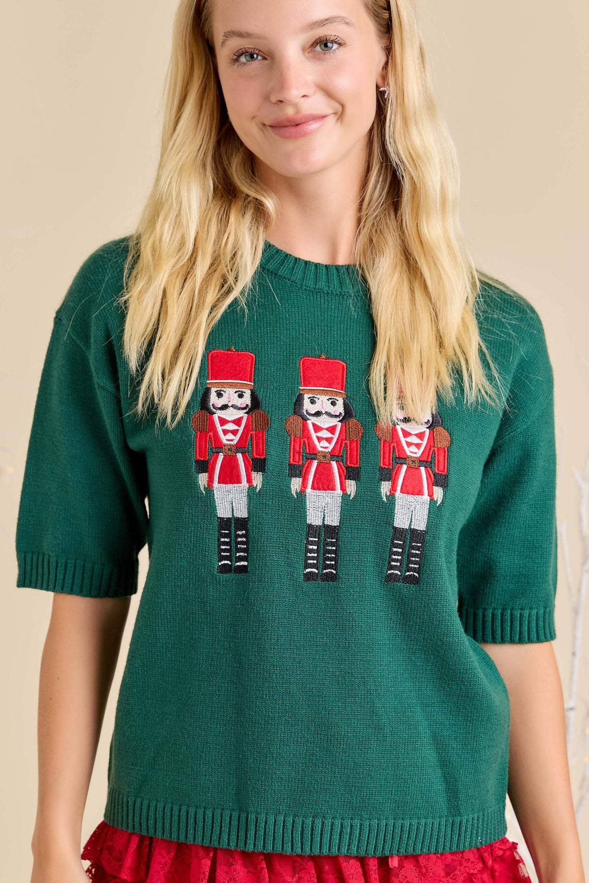 Christmas Nutcracker Embroidered Patchwork Knit Sweater: WHITE / S