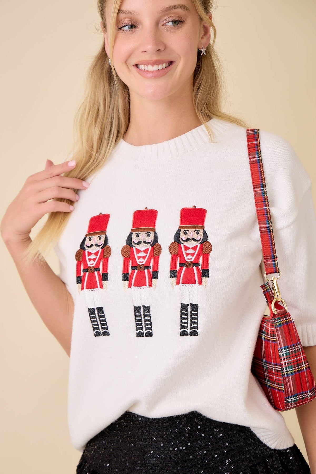 Christmas Nutcracker Embroidered Patchwork Knit Sweater: WHITE / S