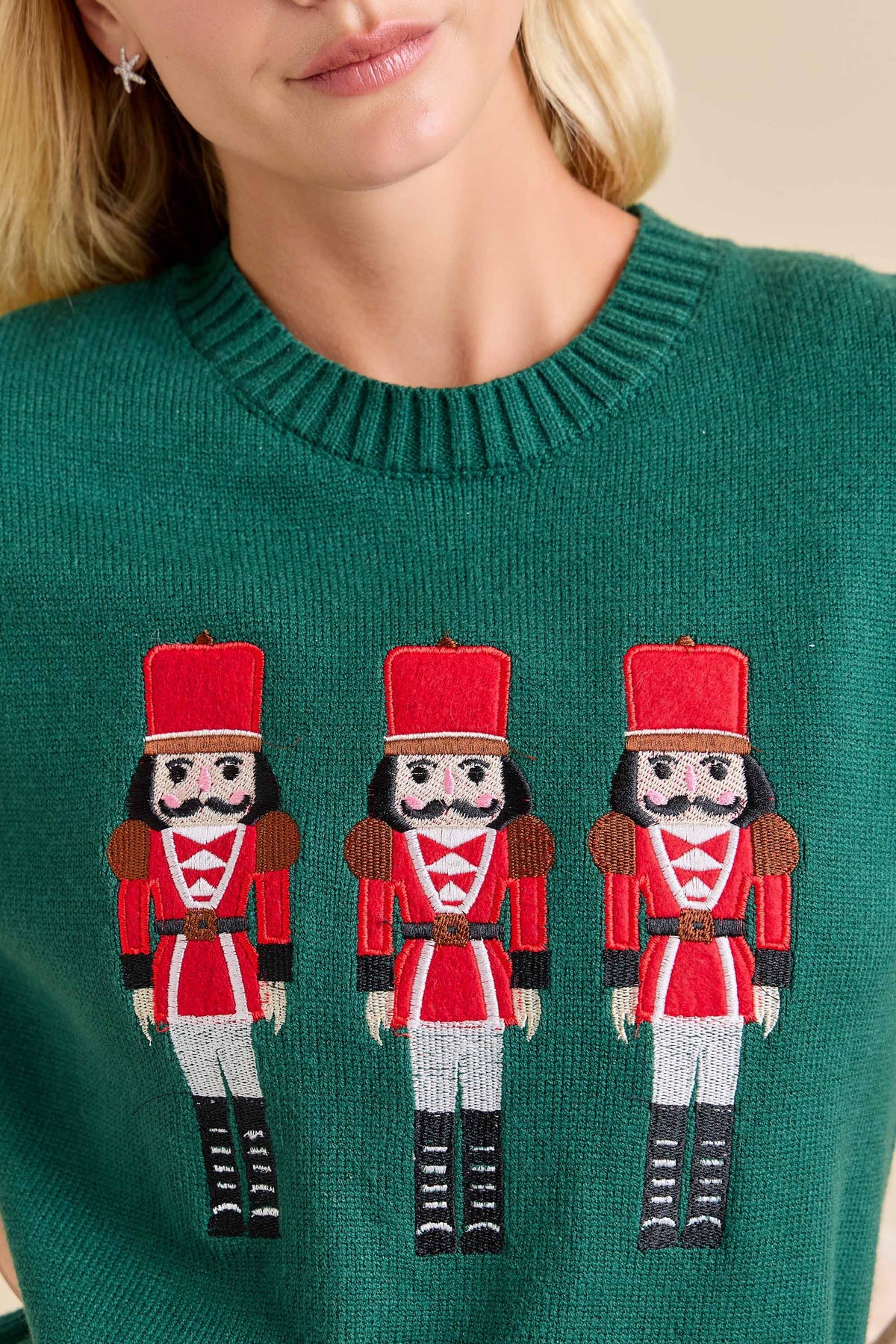 Christmas Nutcracker Embroidered Patchwork Knit Sweater: WHITE / M