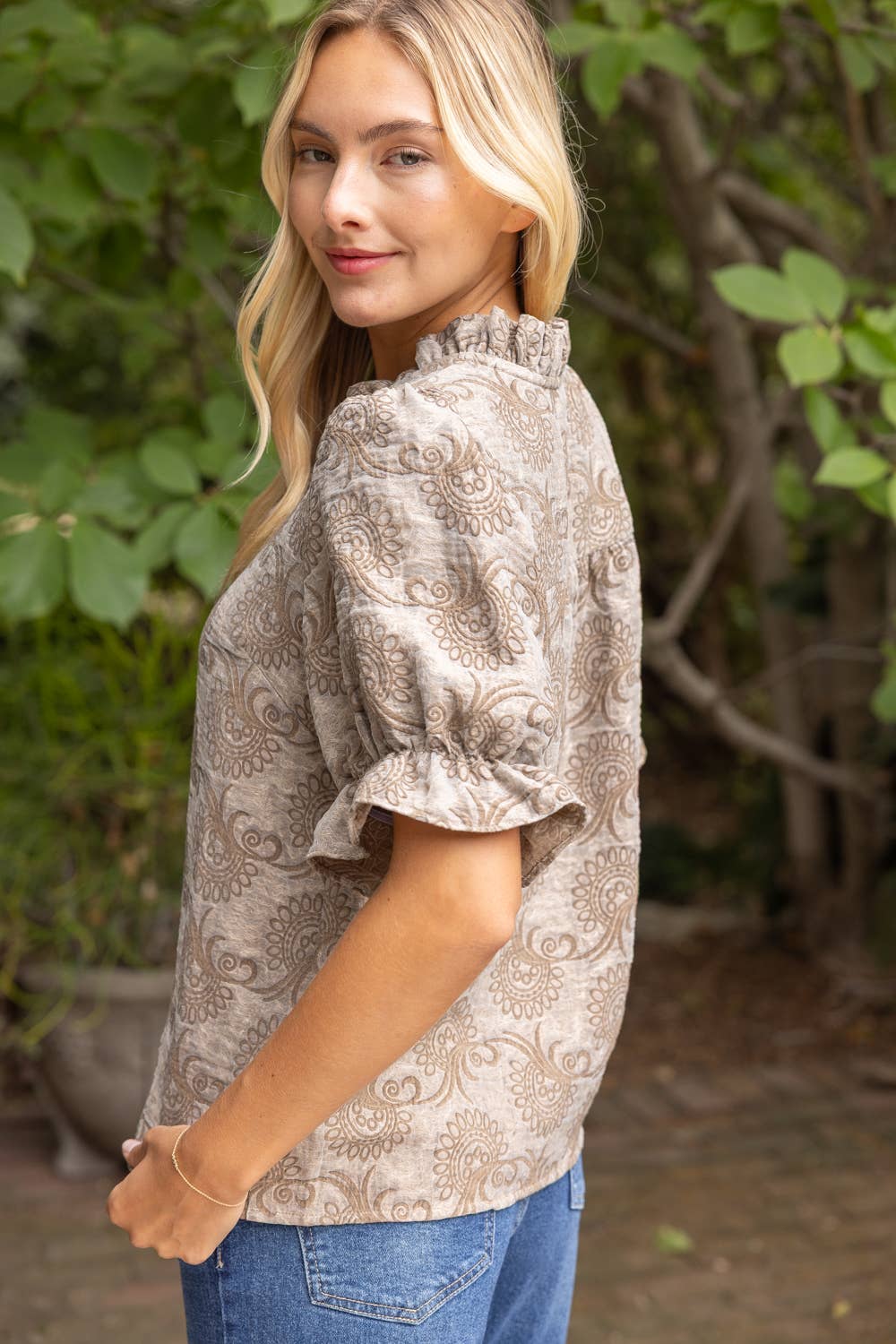 37114 Ruffled V-Neck Abstract Jacquard Organza Top: Brown / S