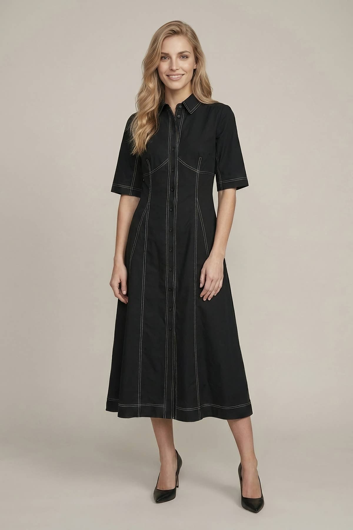 SHORT SLV SEAMED PLEATED MIDI DRESS - 28467D: Burgundy / S